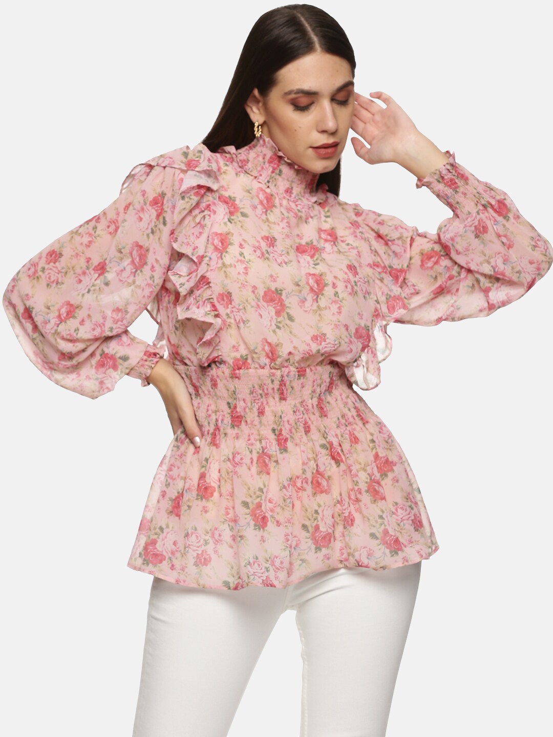 

ISU Women Peach-Colored Floral Printed Smoked Cinched Waist Top