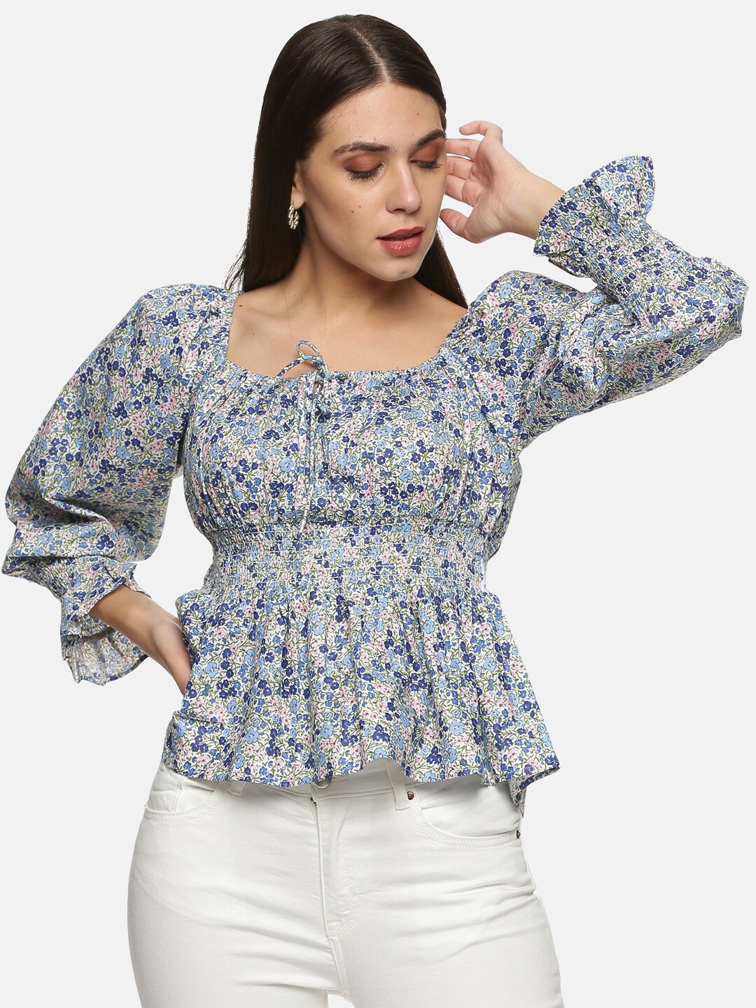 

ISU Women White & Blue Floral Printed Smocked Pure Cotton Cinched Waist Top