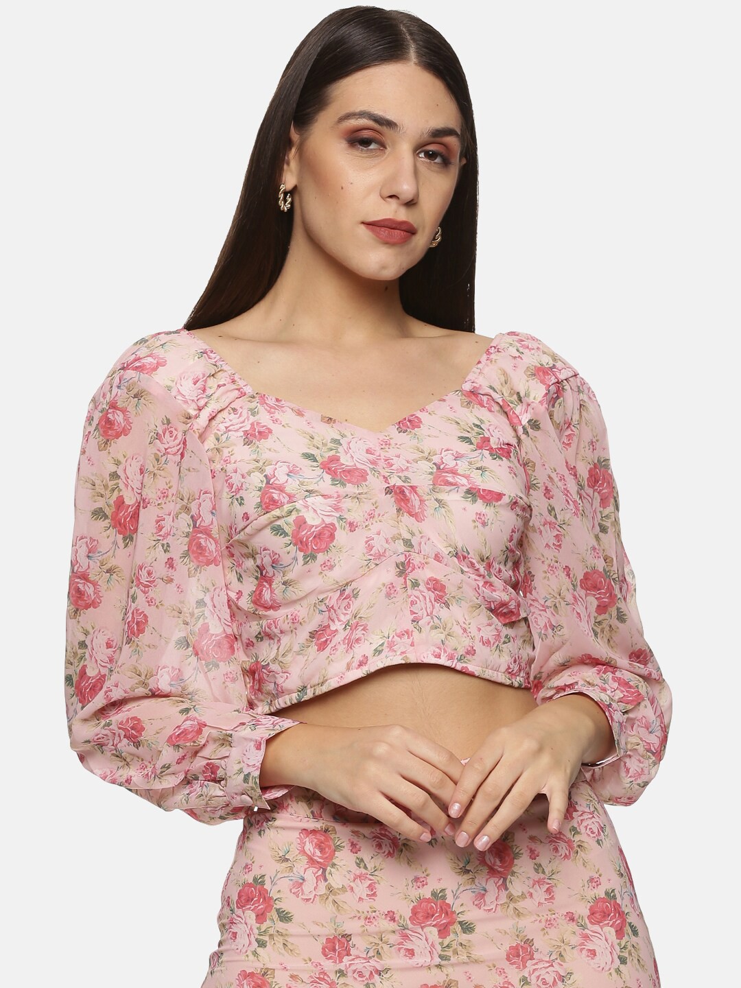 

ISU Women Peach & Red Floral Printed Puff Sleeves Crop Top