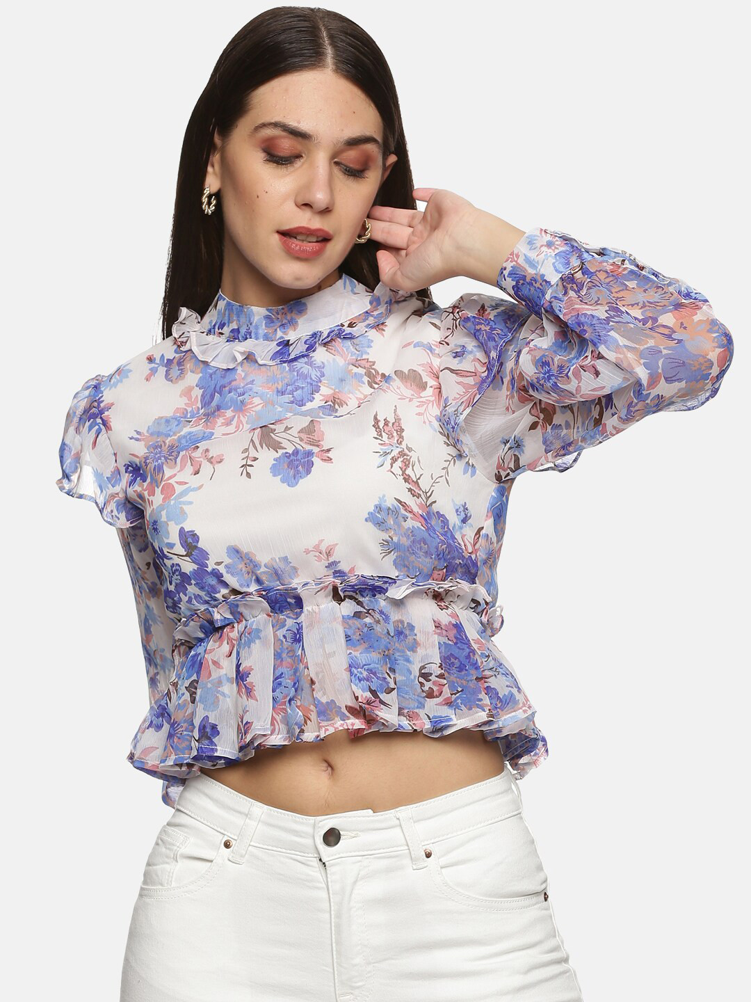 

ISU Women White & Blue Floral Printed Cinched Waist Crop Top