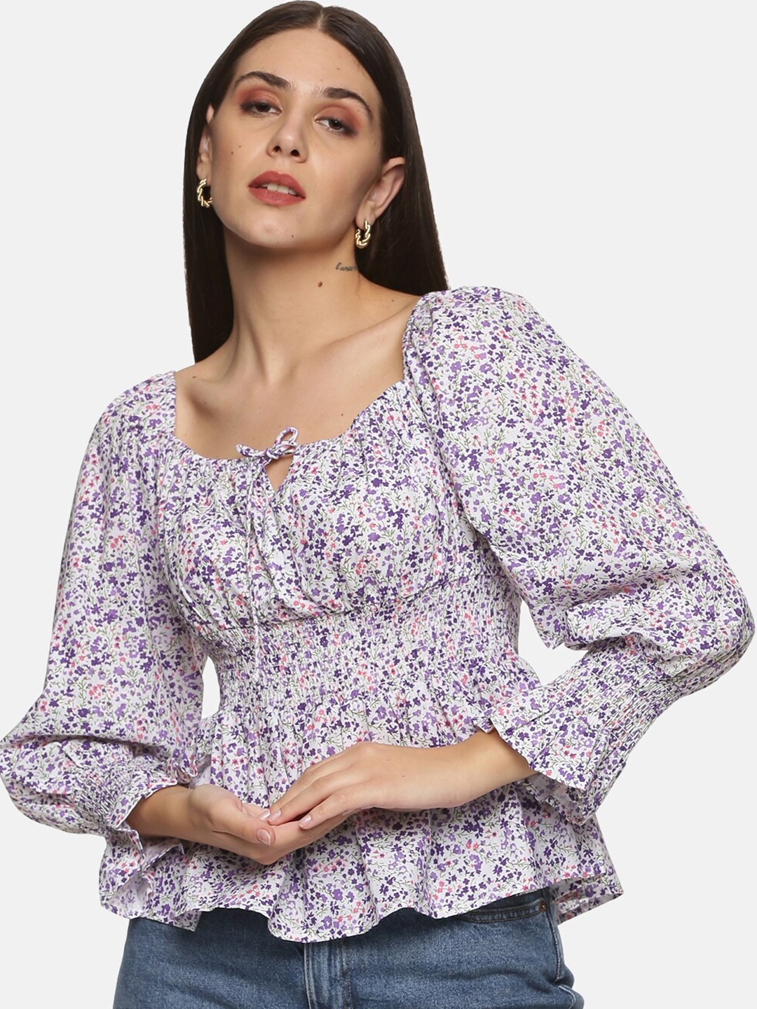 

ISU White & Purple Floral Print Tie-Up Neck Smocked Chiffon Blouson Top