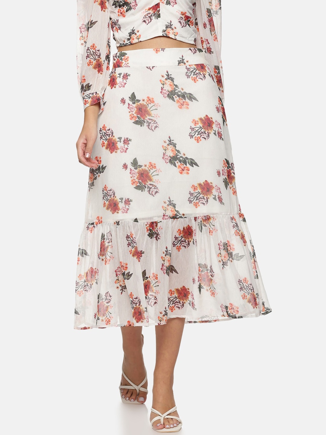 

ISU Women White Floral Printed Flared Maxi Skirt
