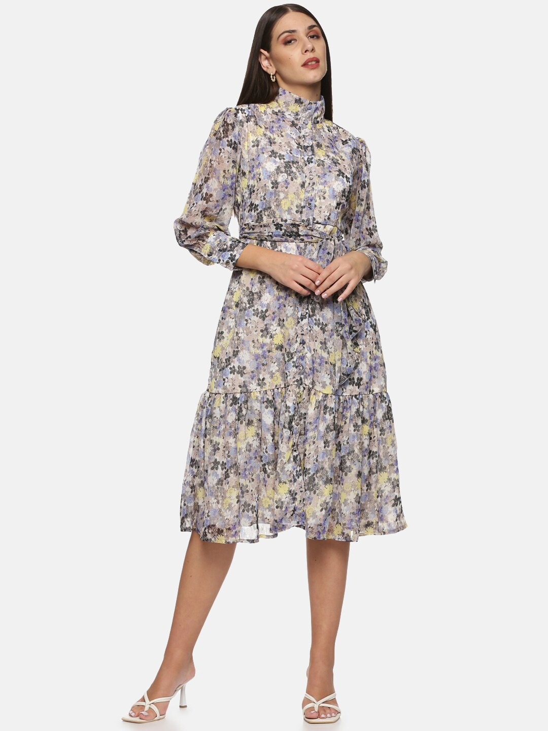 

ISU Floral Cotton Chiffon Dress, Grey