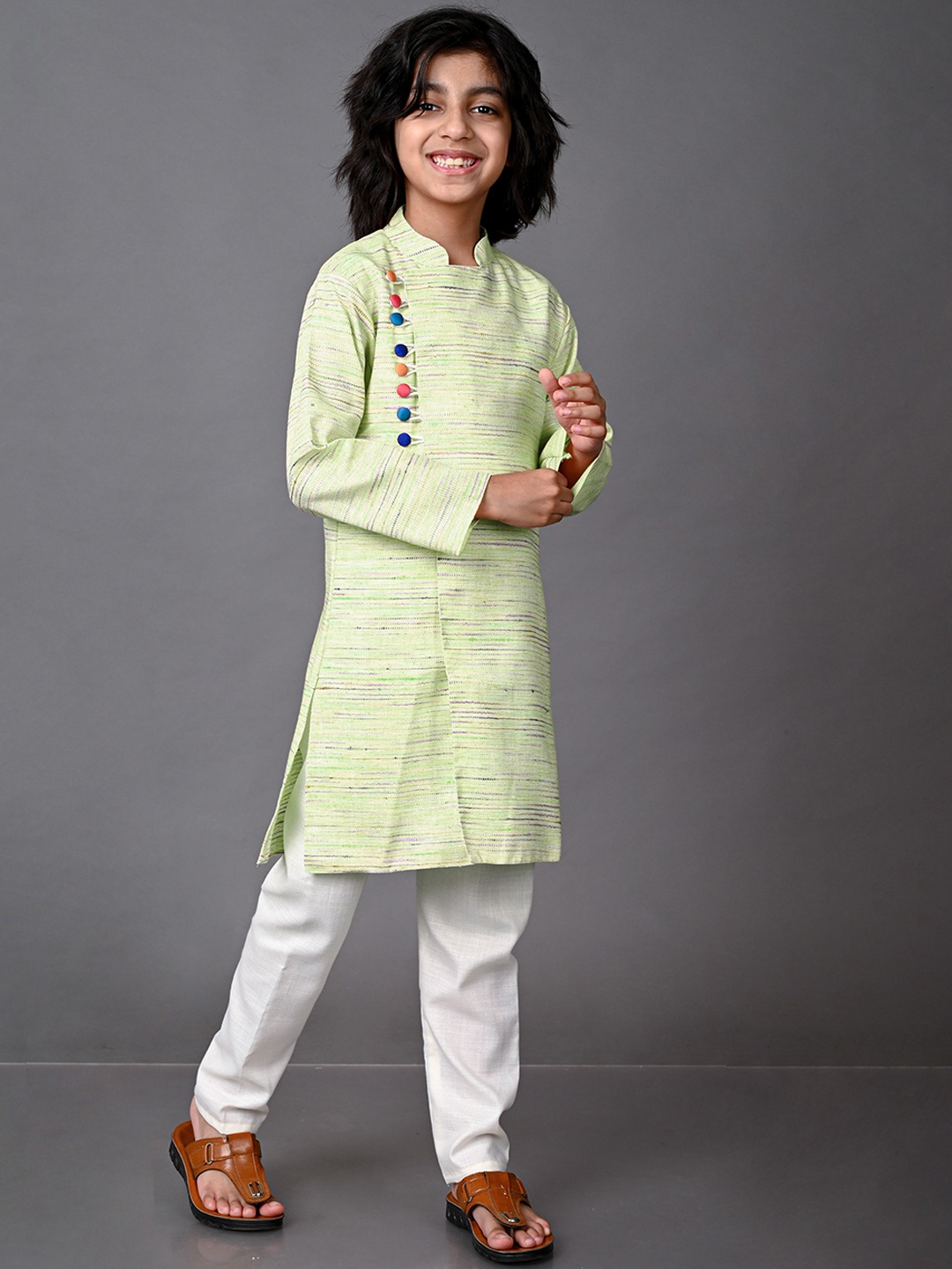 

VESHAM Boys Green Angrakha Kurta Set with Pyjamas