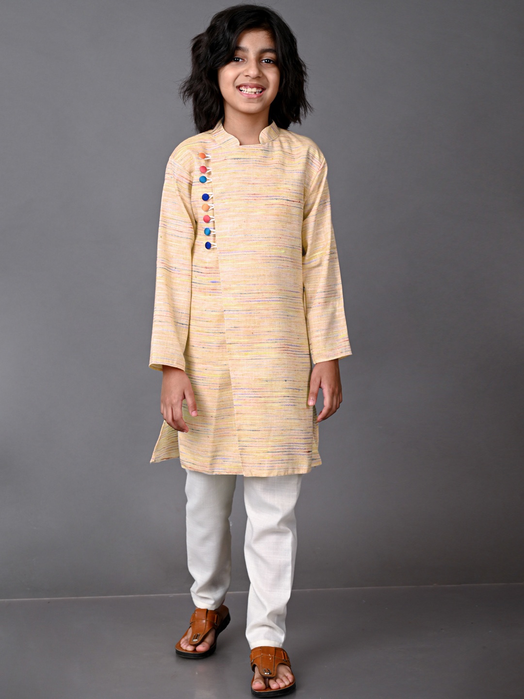 

VESHAM Boys Beige Angrakha Kurta with Pyjamas