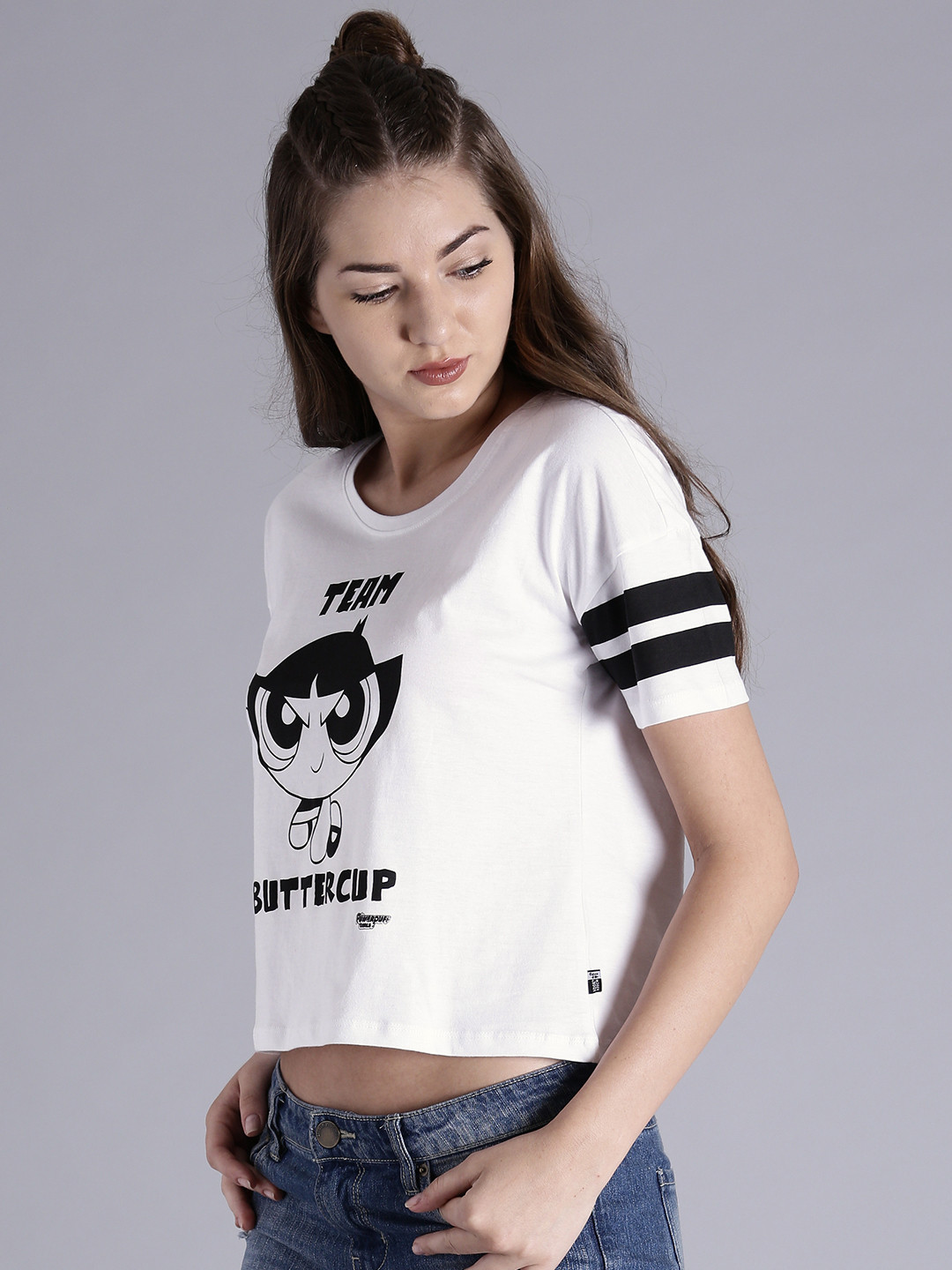 

Powerpuff Girls by Kook N Keech Powerpuff Girls Women White Black Printed Crop Pure Cotton T-shirt