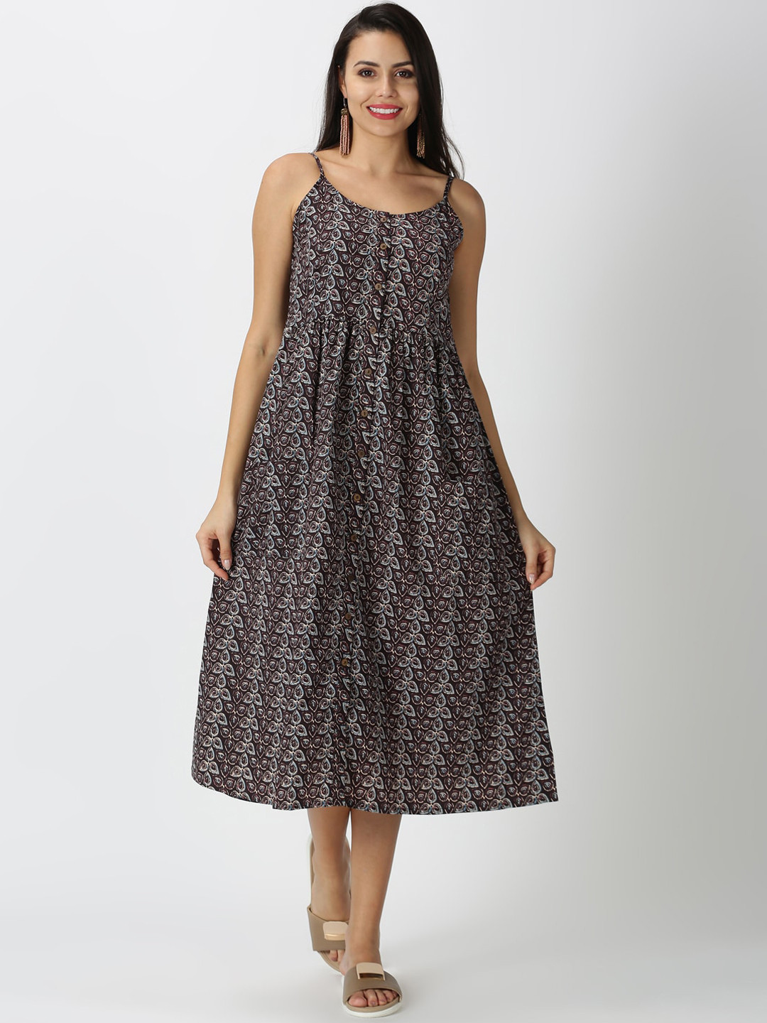 

Saffron Threads Women Black Kalamkari Printed Button-Down Midi Dress