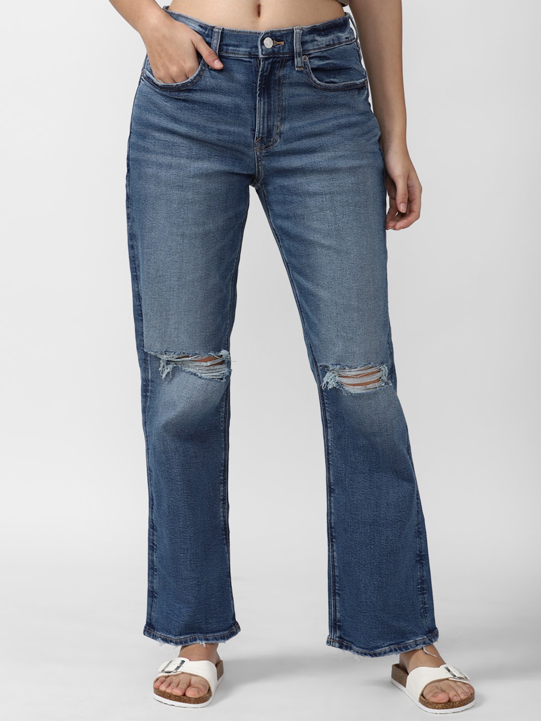 

AMERICAN EAGLE OUTFITTERS Women Blue Skinny Fit Slash Knee Light Fade Jeans