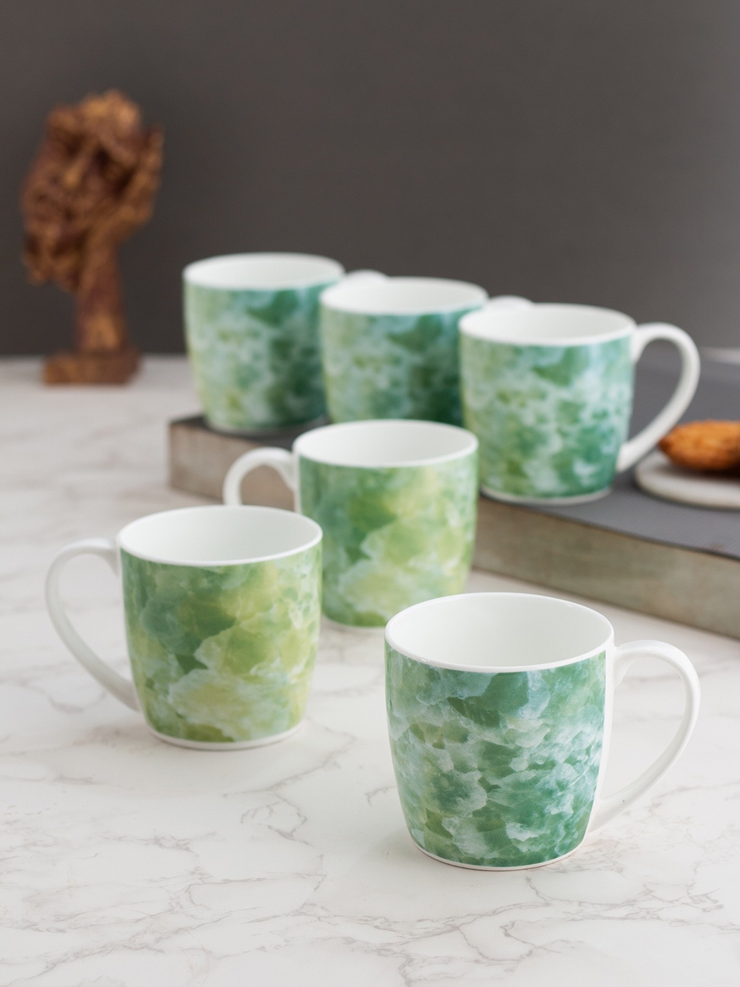 

CLAY CRAFT Green & White Set of 6 Dishwasher & Microwave Safe Ceramic Cups 180 ml Each
