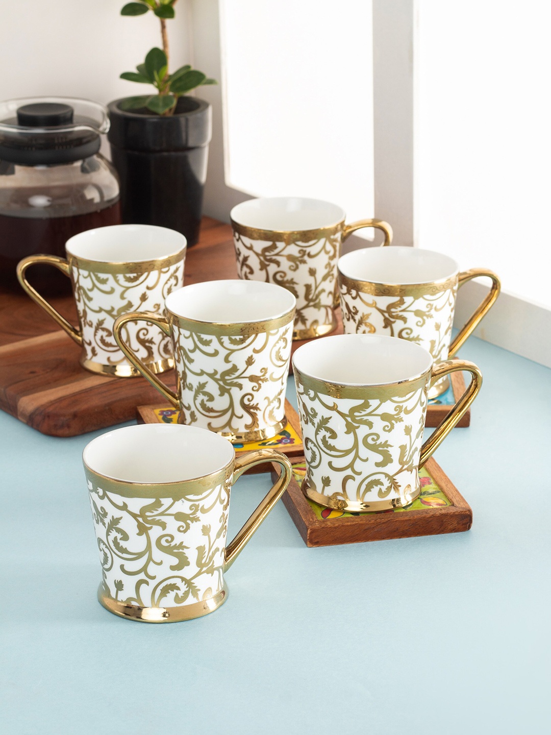 

CLAY CRAFT Peter Ebony White 6 Pieces Printed Premium Glossy Ceramic Cups 180 ml Each