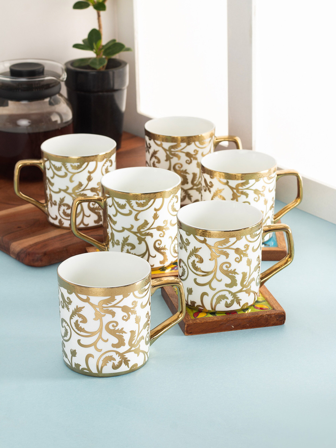 

CLAY CRAFT White & Gold Set of 6 Dishwasher & Microwave Safe Ceramic Cups 220 ml Each