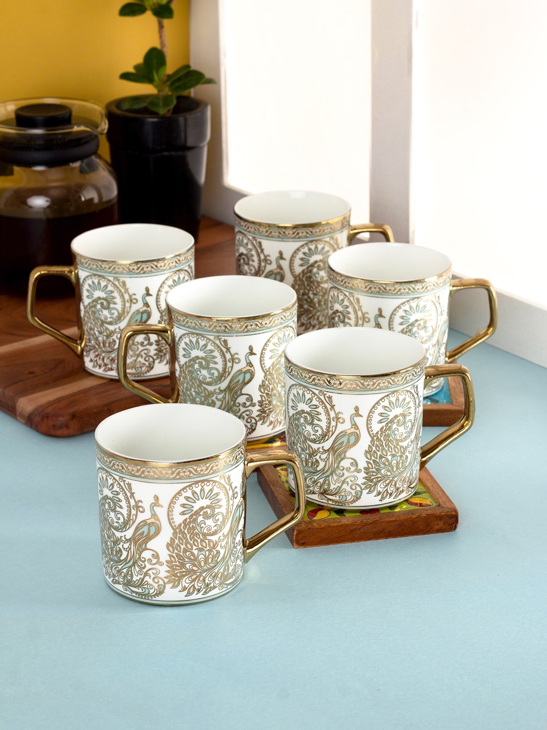 

CLAY CRAFT White & Gold Toned 6 Pieces Ethnic Motifs Printed Ceramic Tea Cups 220ml