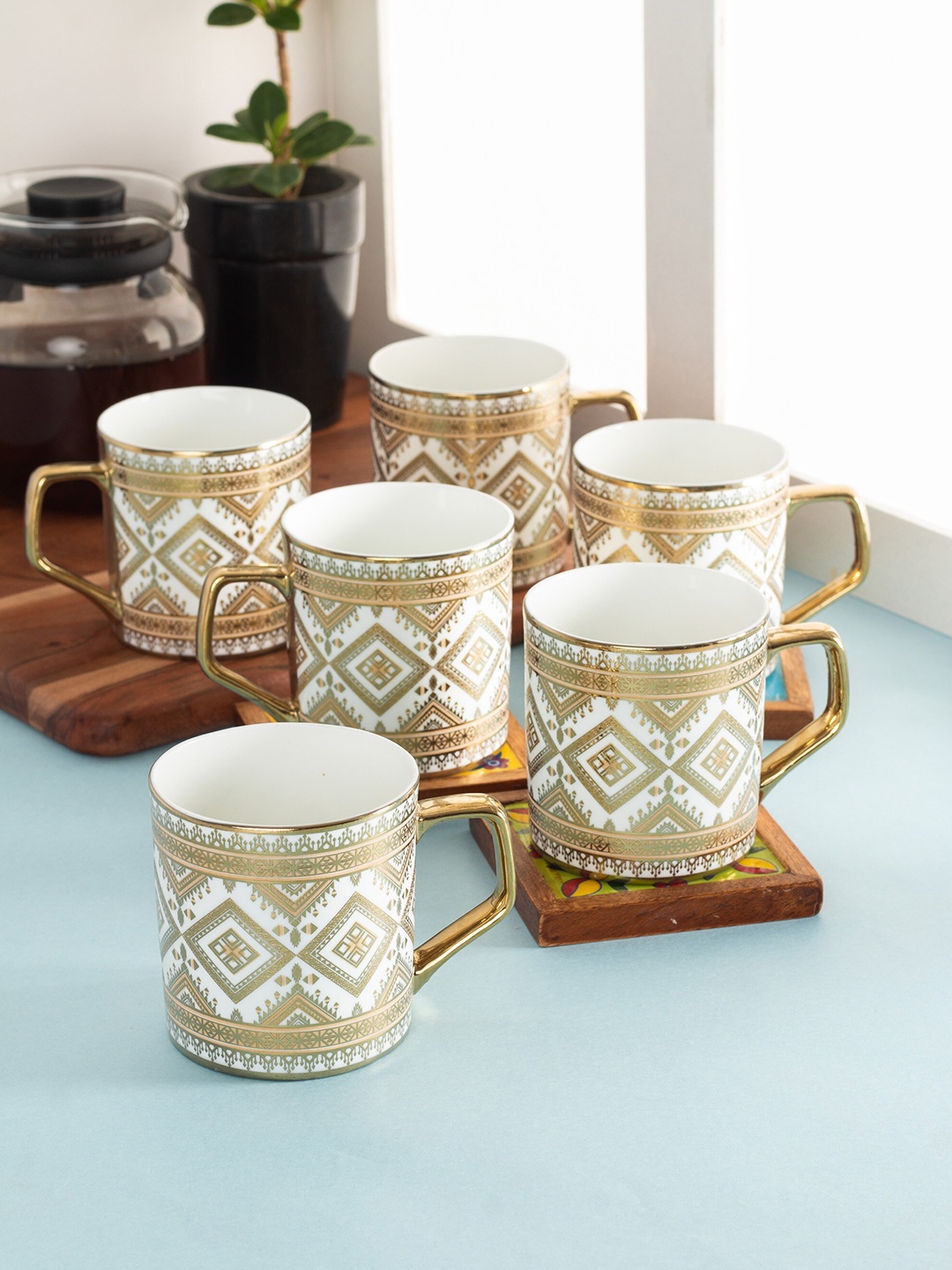 

CLAY CRAFT White & Gold Toned 6 Pieces Ethnic Motifs Printed Ceramic Tea Cups 220ml