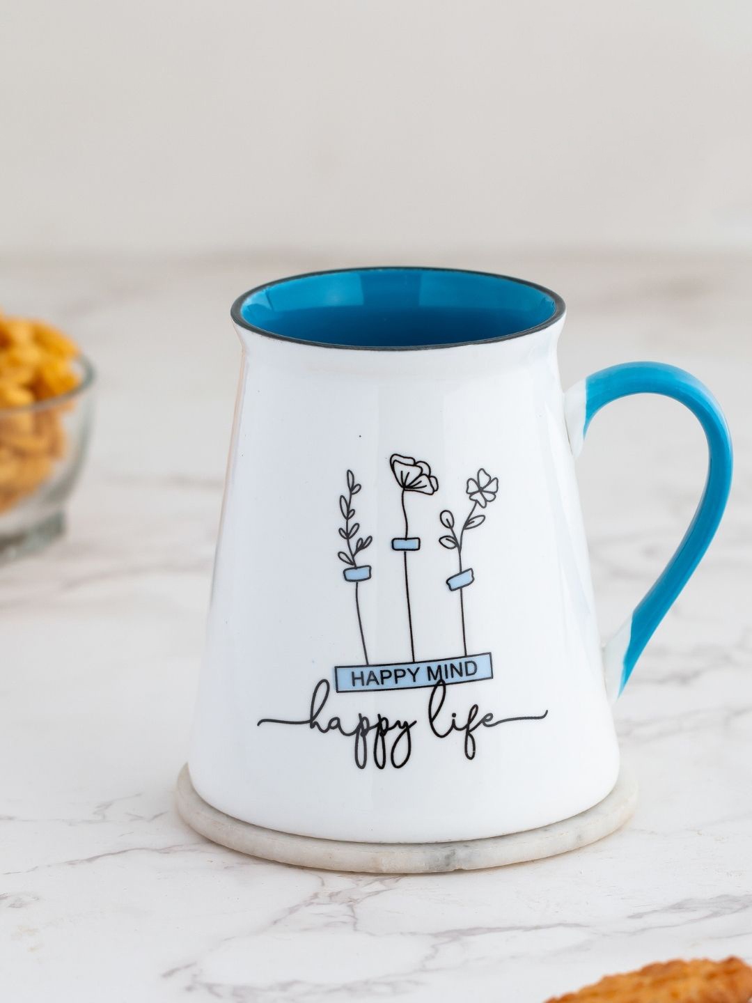 

CLAY CRAFT White & Blue Set of 2 Dishwasher & Microwave Safe Ceramic Mugs 350 ml Each