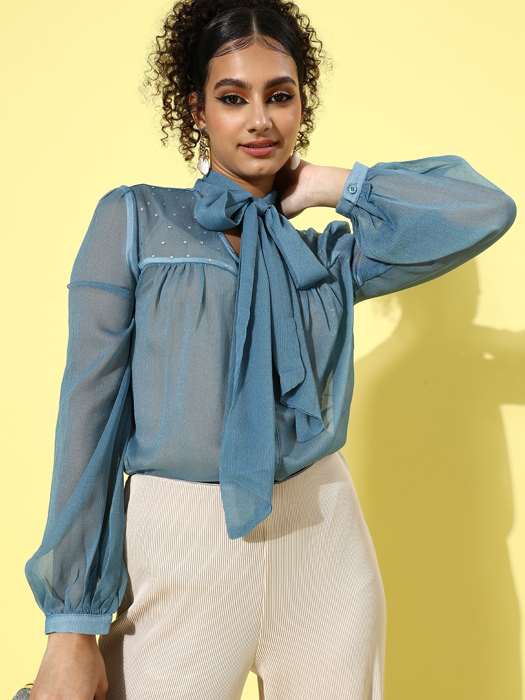 

SHECZZAR Blue Tie-Up Neck Studded Sheer Georgette Shirt Style Top