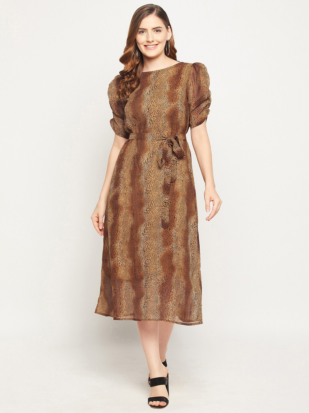 

Ruhaans Brown Animal Printed Georgette Fit and Flare Midi Dress