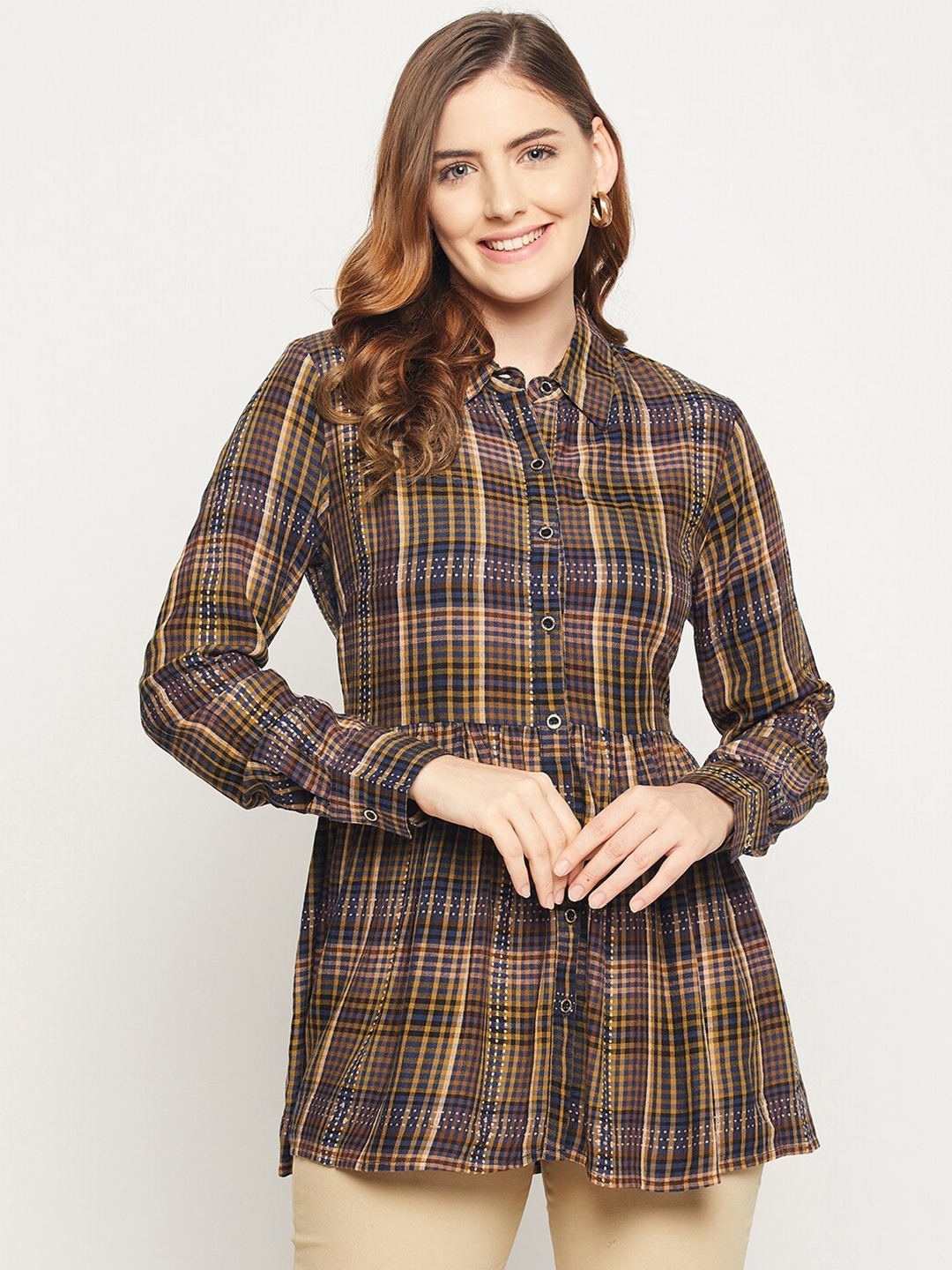 

Ruhaans Women Checked Shirt Style Top, Brown
