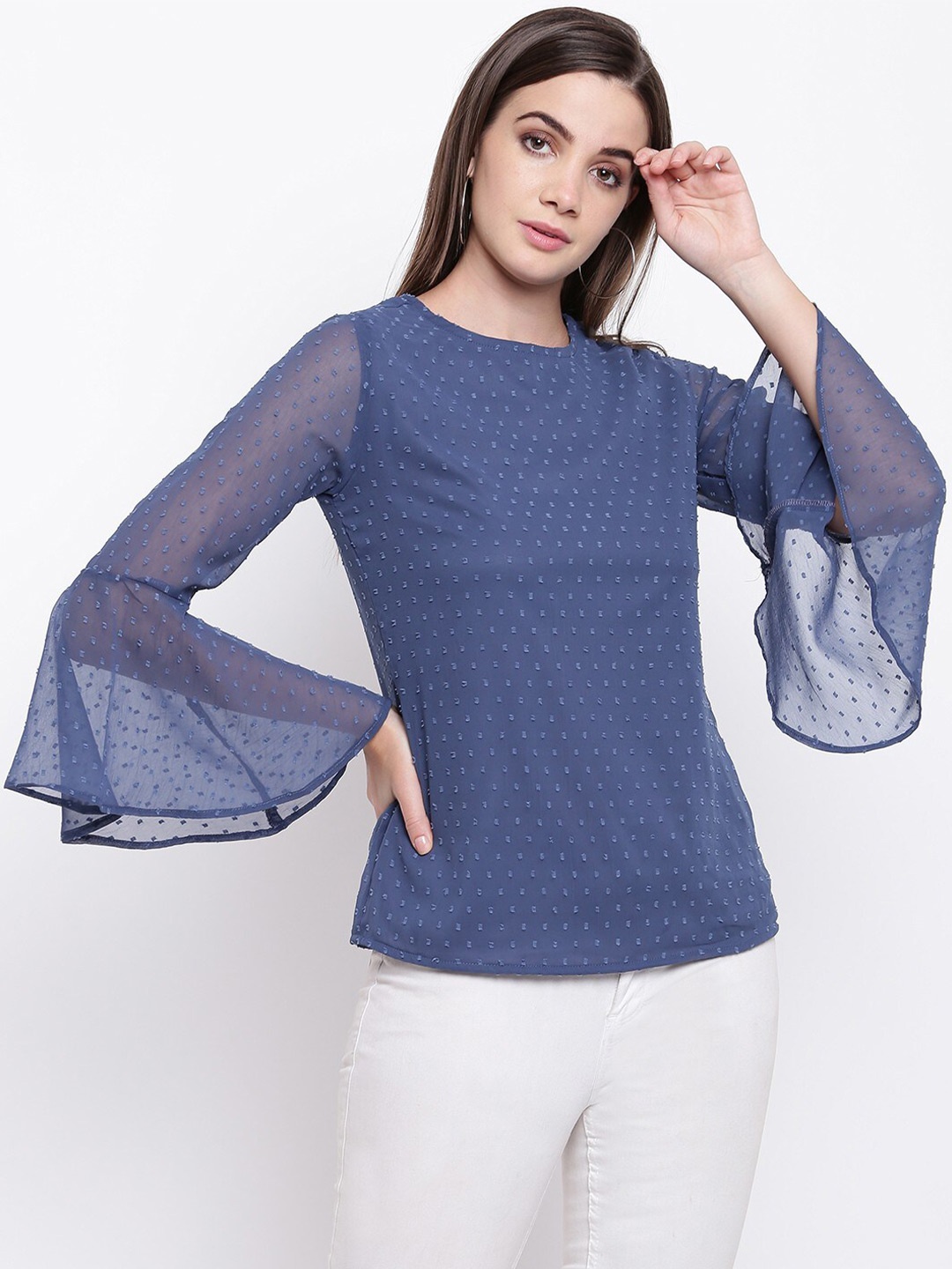 

RIVI Women Blue Round Neck Bell Sleeves Sheer Net Top