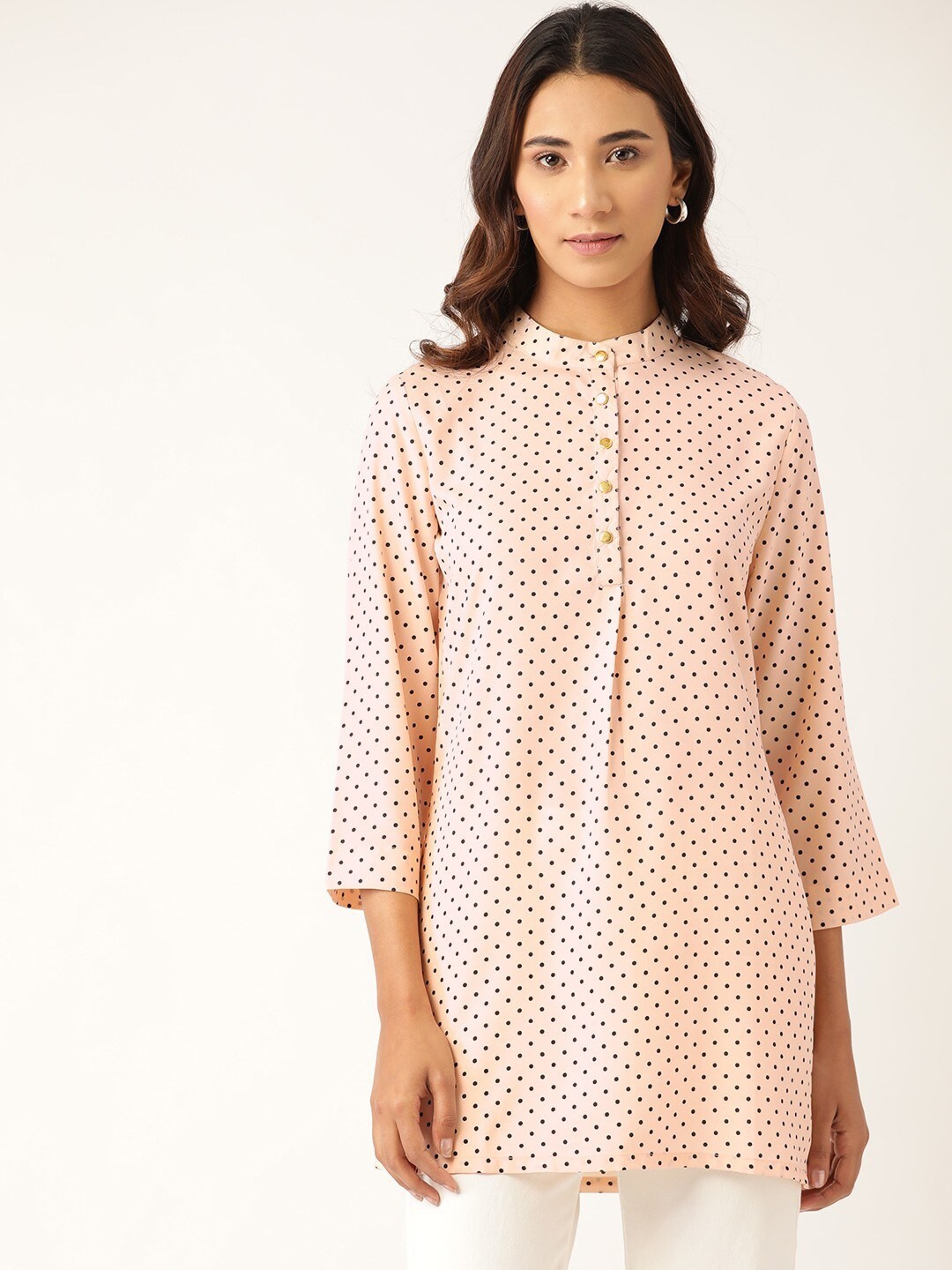 

RIVI Women Peach-Coloured Print Mandarin Collar Crepe Shirt Style Longline Top