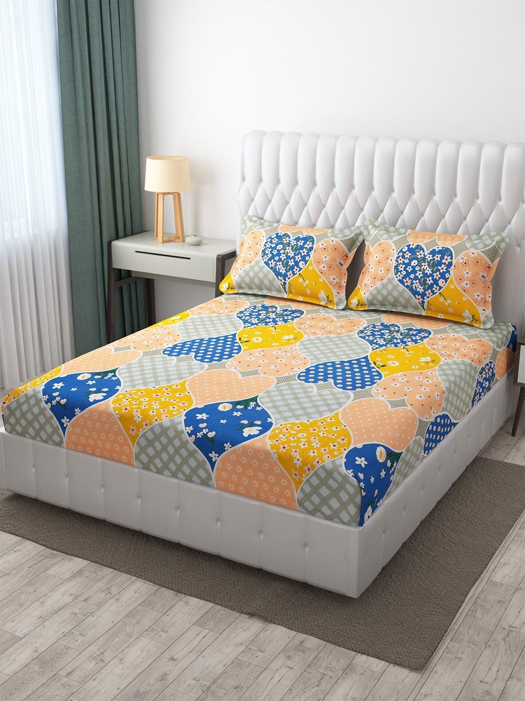 

MULTITEX Floral 300 TC King Bedsheet With 2 Pillow Covers, Blue