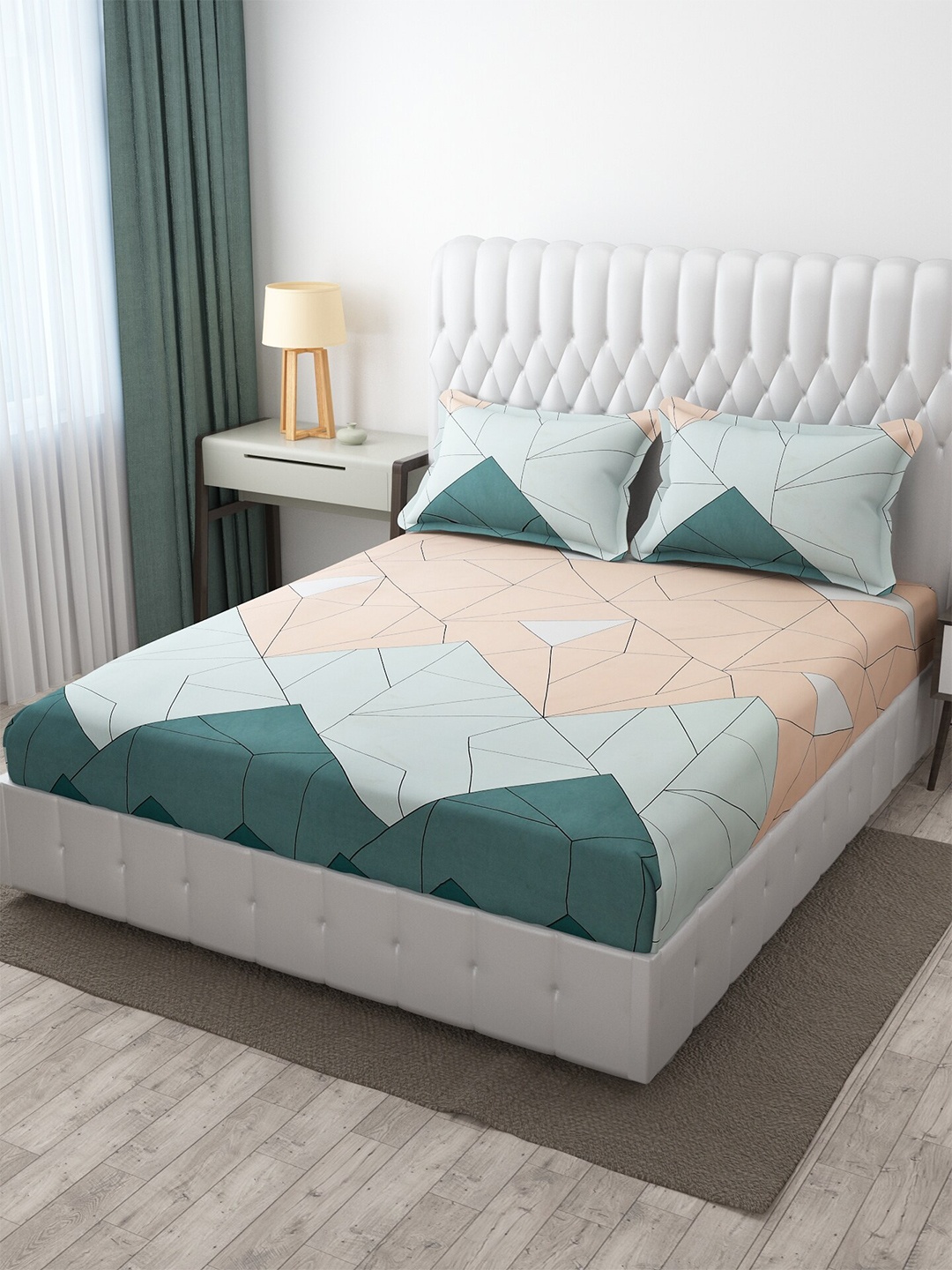 

MULTITEX Geometric 300 TC King Bedsheet With 2 Pillow Covers, Green