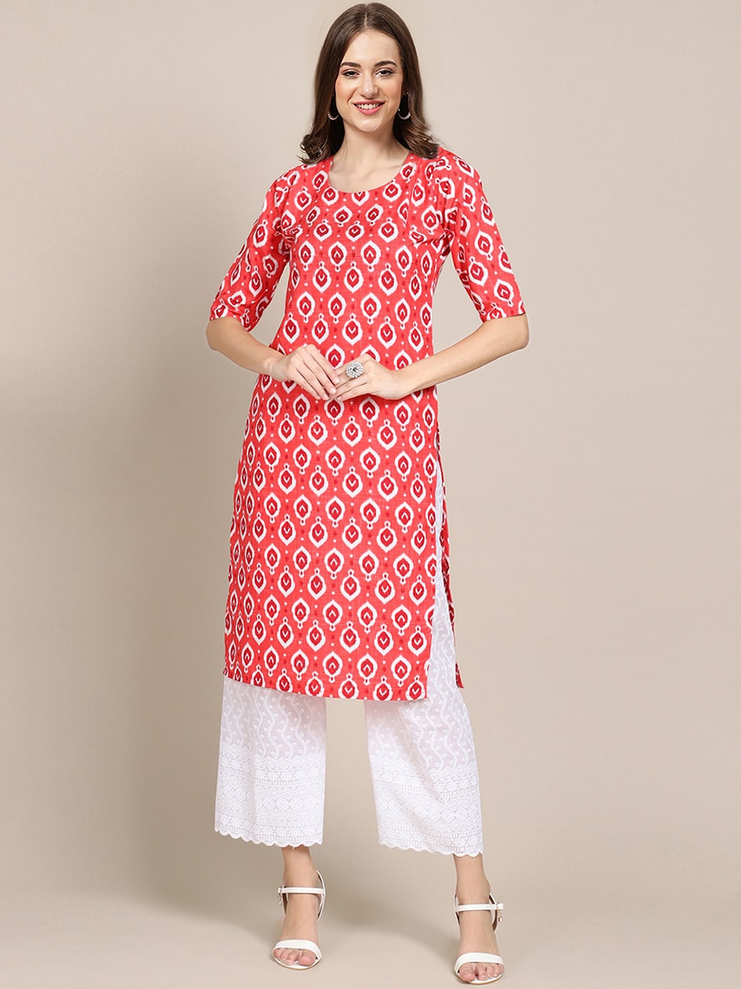 

Ethnic basket Women Pack of 5 Coral & Maroon Ethnic Motifs Printed Block Print Crepe Kurta