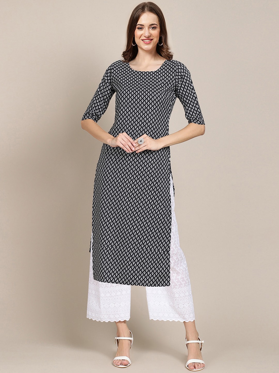 

Ethnic basket Women Pack of 5 Black & Yellow Printed Block Print Crepe Kurta