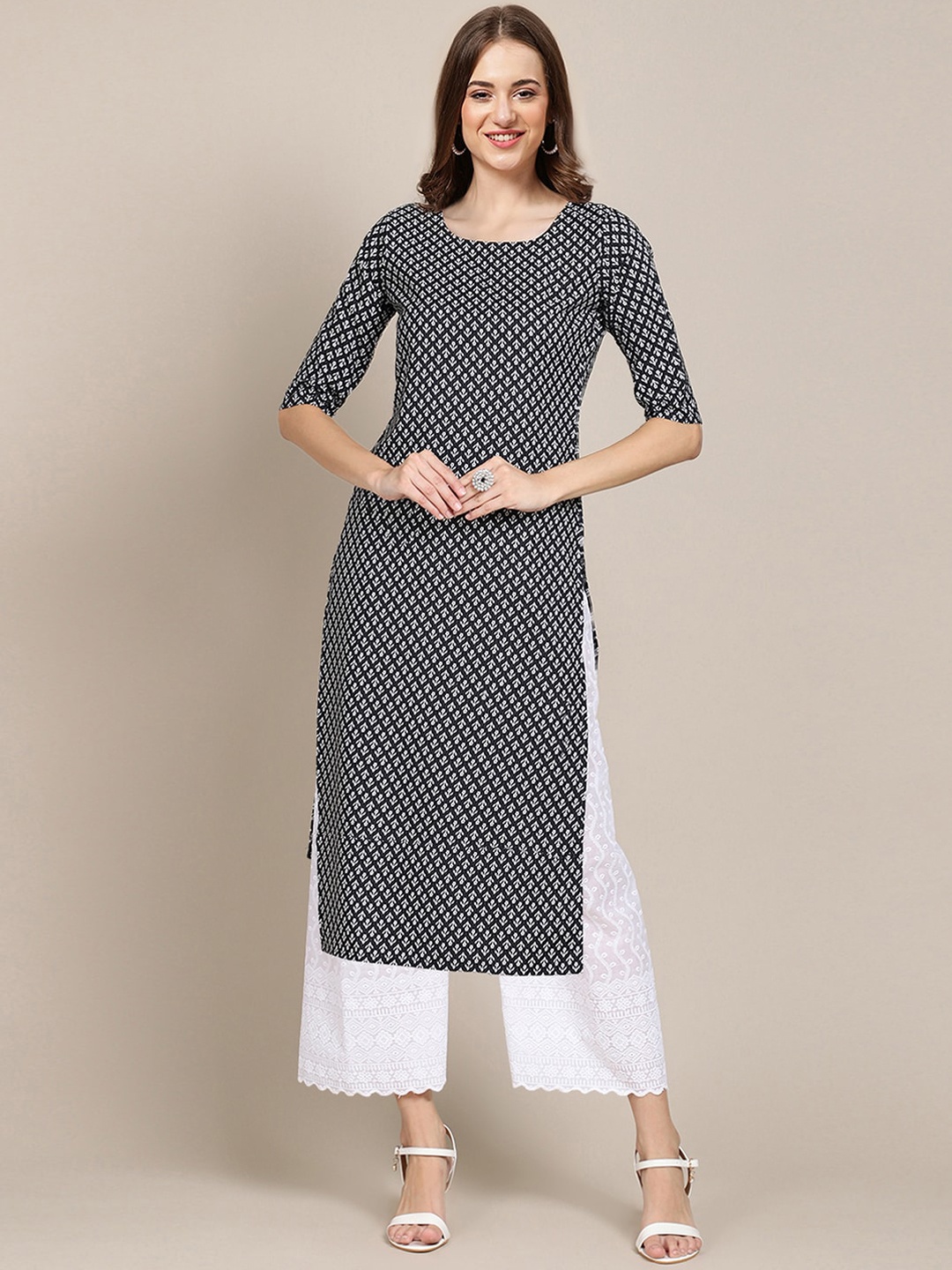 

Ethnic basket Women Black & Coral Pack Of 5 Floral Printed Block Print Crepe Kurta