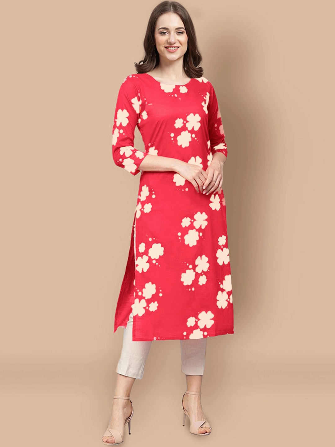 

Ethnic basket Women Yellow & Coral Pack Of 5 Floral Printed Block Print Crepe Kurta