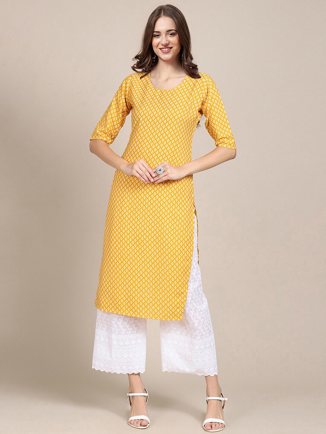 

Ethnic basket Women Pack of 5 Printed Block Print Crepe Kurta, Yellow