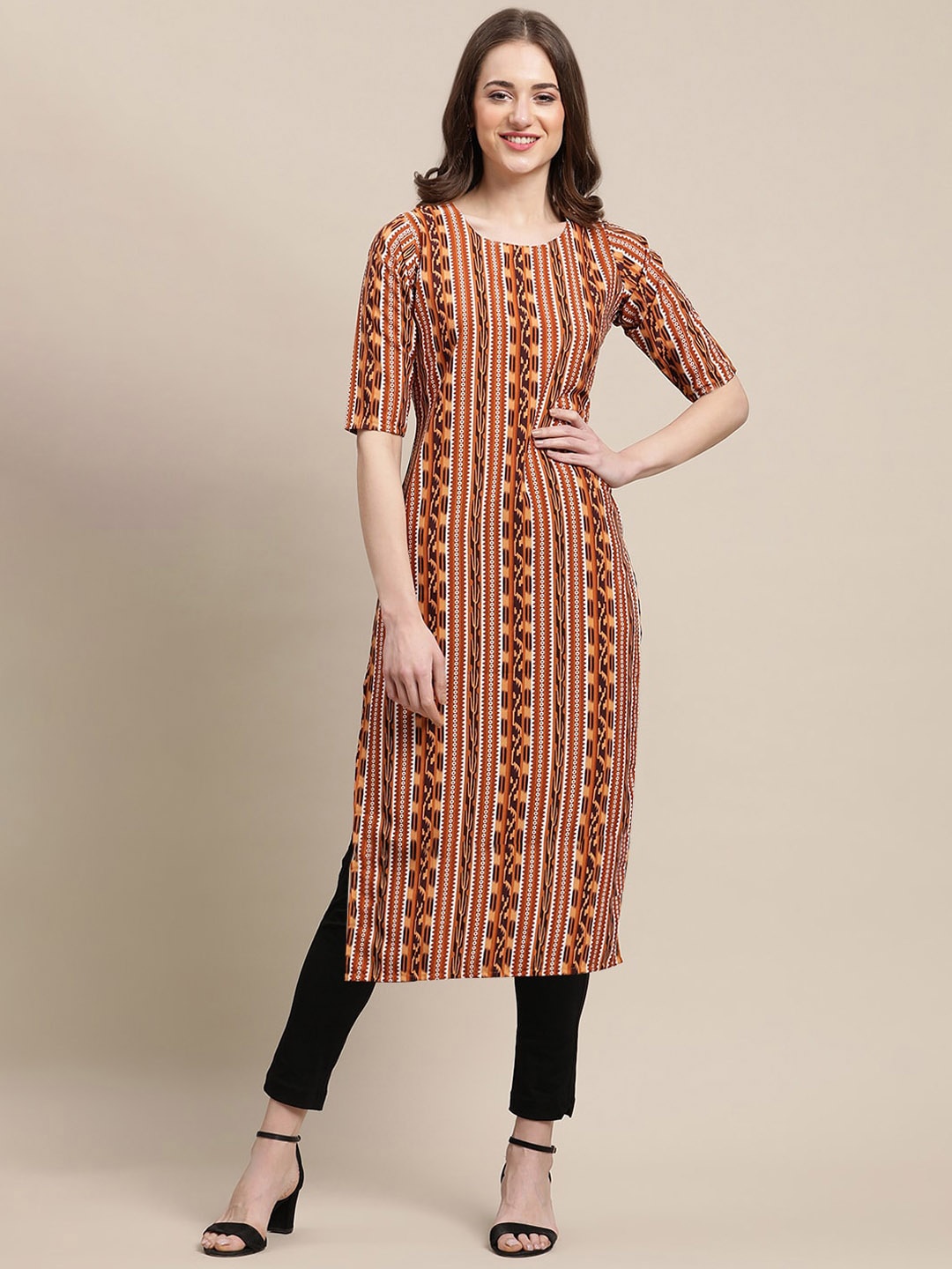 

Ethnic basket Women Pack of 5 Printed Block Print Crepe Kurta, Brown