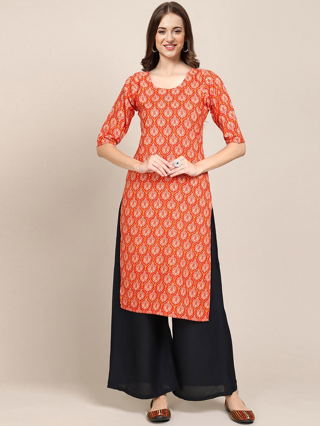 

Ethnic basket Women Pack Of 5 Ethnic Motifs Printed Block Print Crepe Kurta, Orange