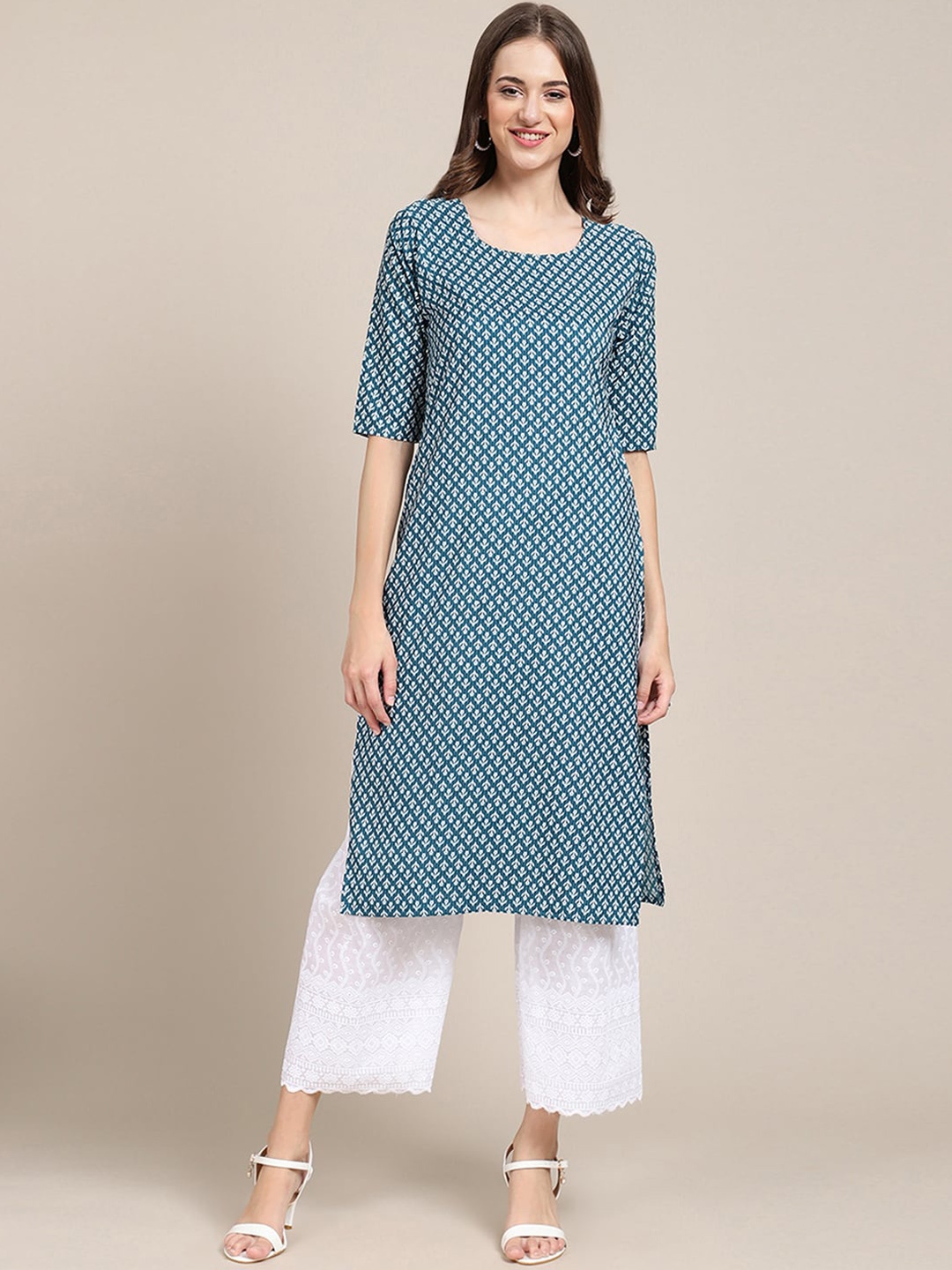 

Ethnic basket Women Pack Of 5 Geometric Printed Block Print Crepe Kurta, Blue