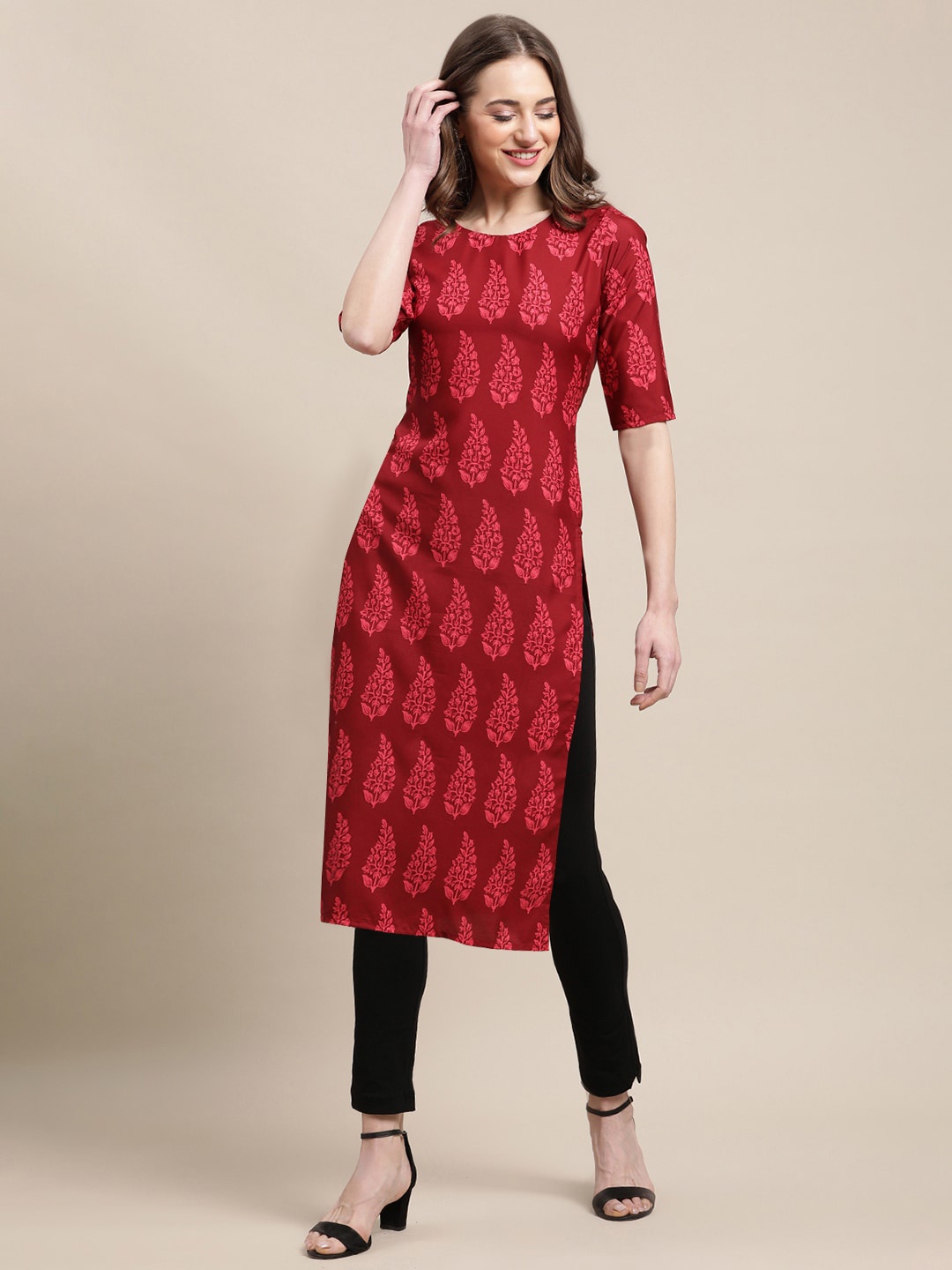 

Ethnic basket Women Pack Of 5 Ethnic Motifs Block Print Crepe Kurta, Red