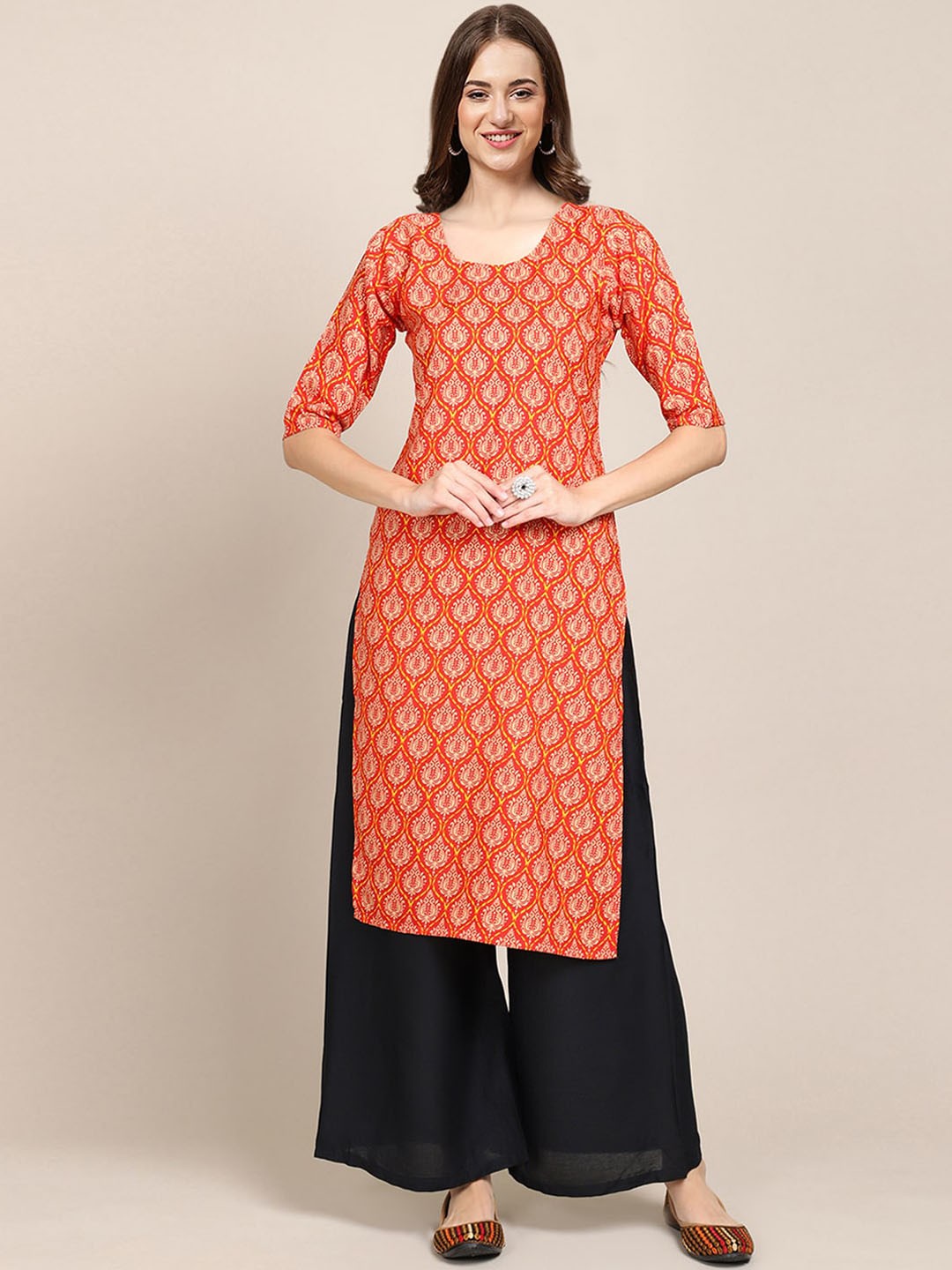 

Ethnic basket Women Pack Of 5 Floral Printed Block Print Crepe Kurta, Orange