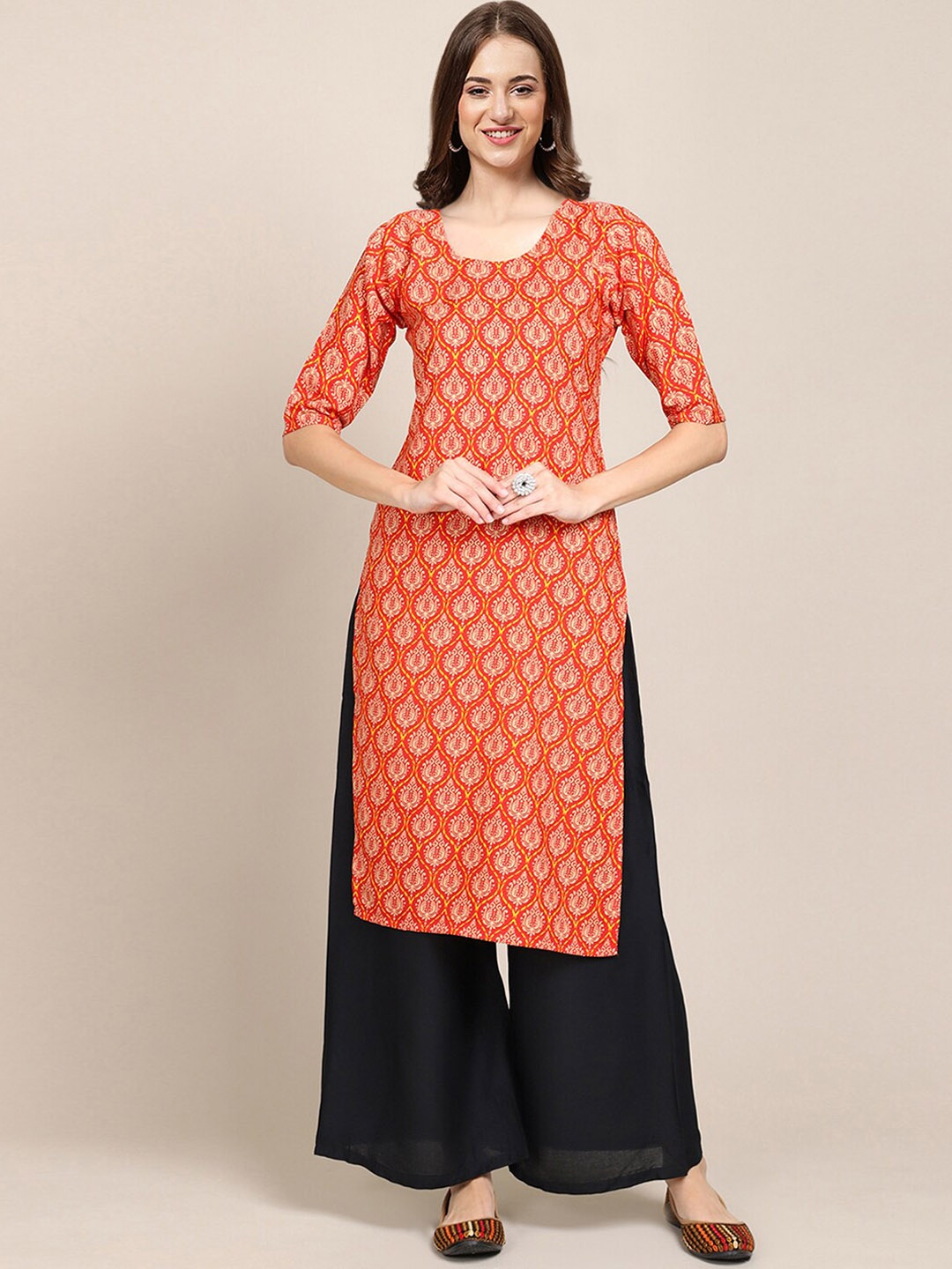 

Ethnic basket Pack of 5 Women Orange & Red Ethnic Motifs Printed Block Print Crepe Kurta