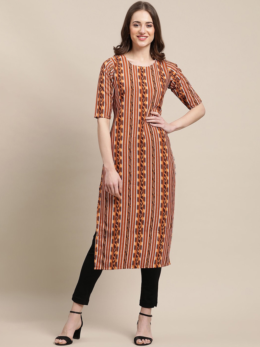 

Ethnic basket Women Pack Of 5 Geometric Block Print Crepe Kurta, Brown