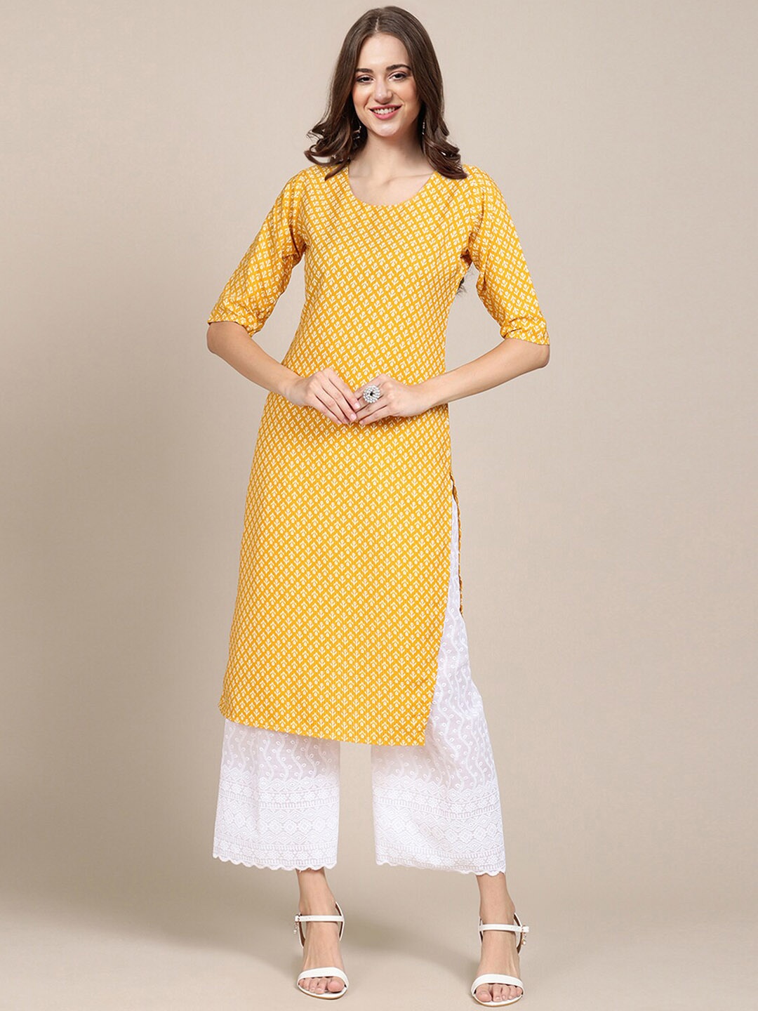 

Ethnic basket Pack of 5 Women Ethnic Motifs Printed Block Print Crepe Kurta, Yellow