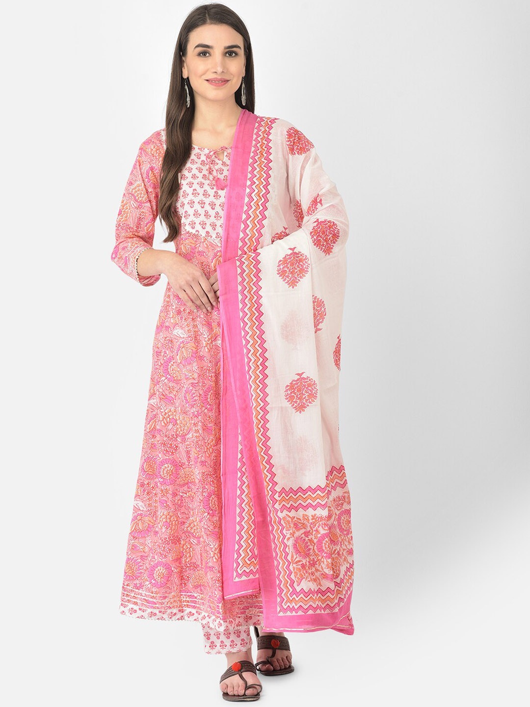 

Pistaa Women Pink Floral Printed Gotta Patti Kurta Set with Trousers & With Dupatta