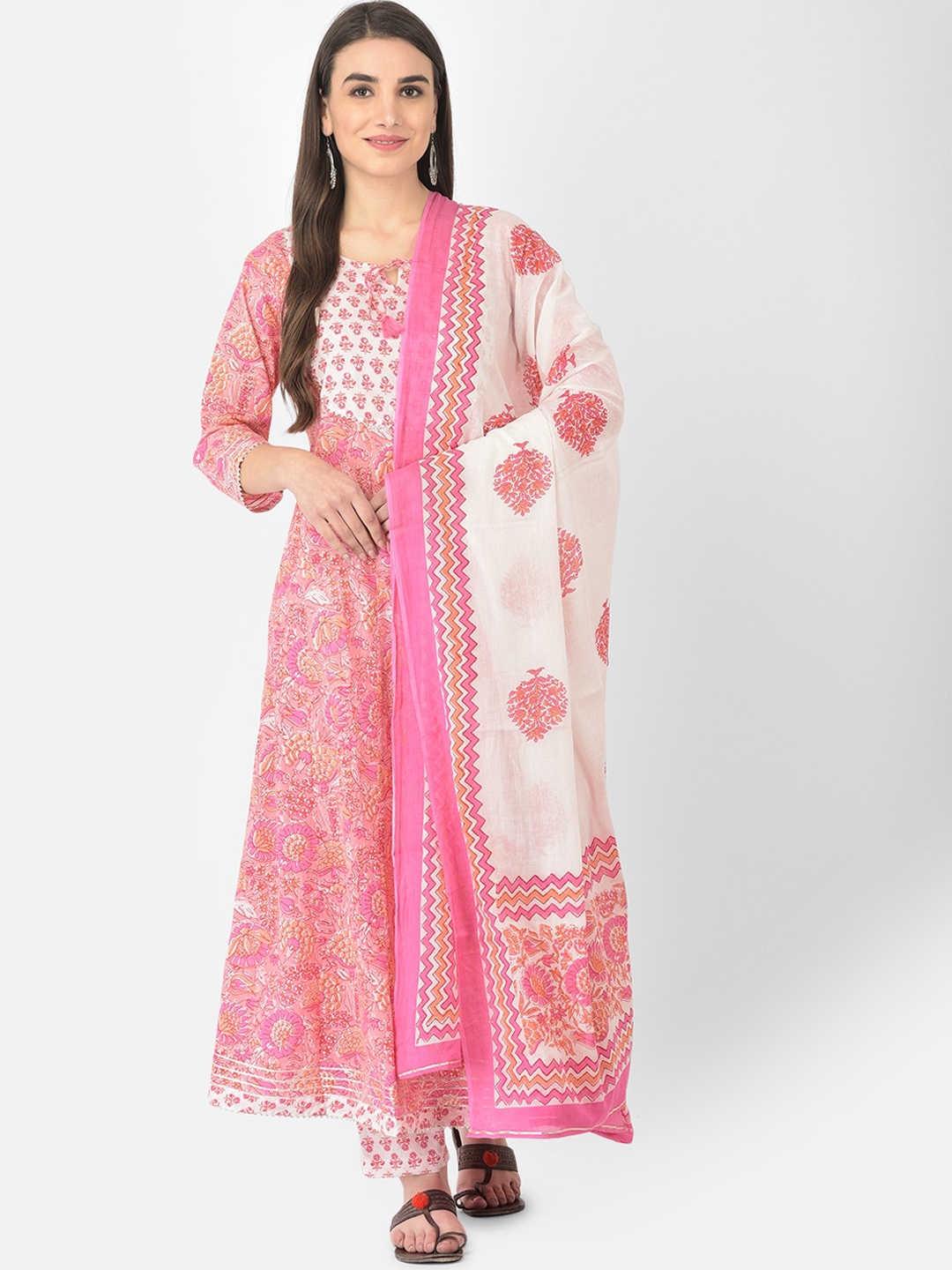 

Pistaa Women Floral Printed Pure Cotton Anarkali Kurta with Trousers & With Dupatta, Pink