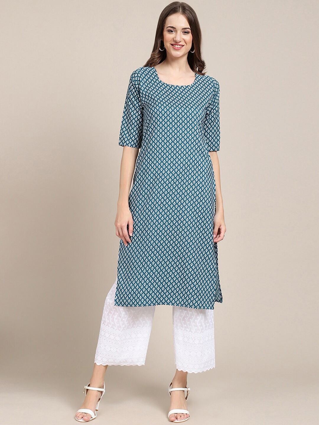 

Ethnic basket Women Pack of 5 Block Print Crepe Kurta, Teal
