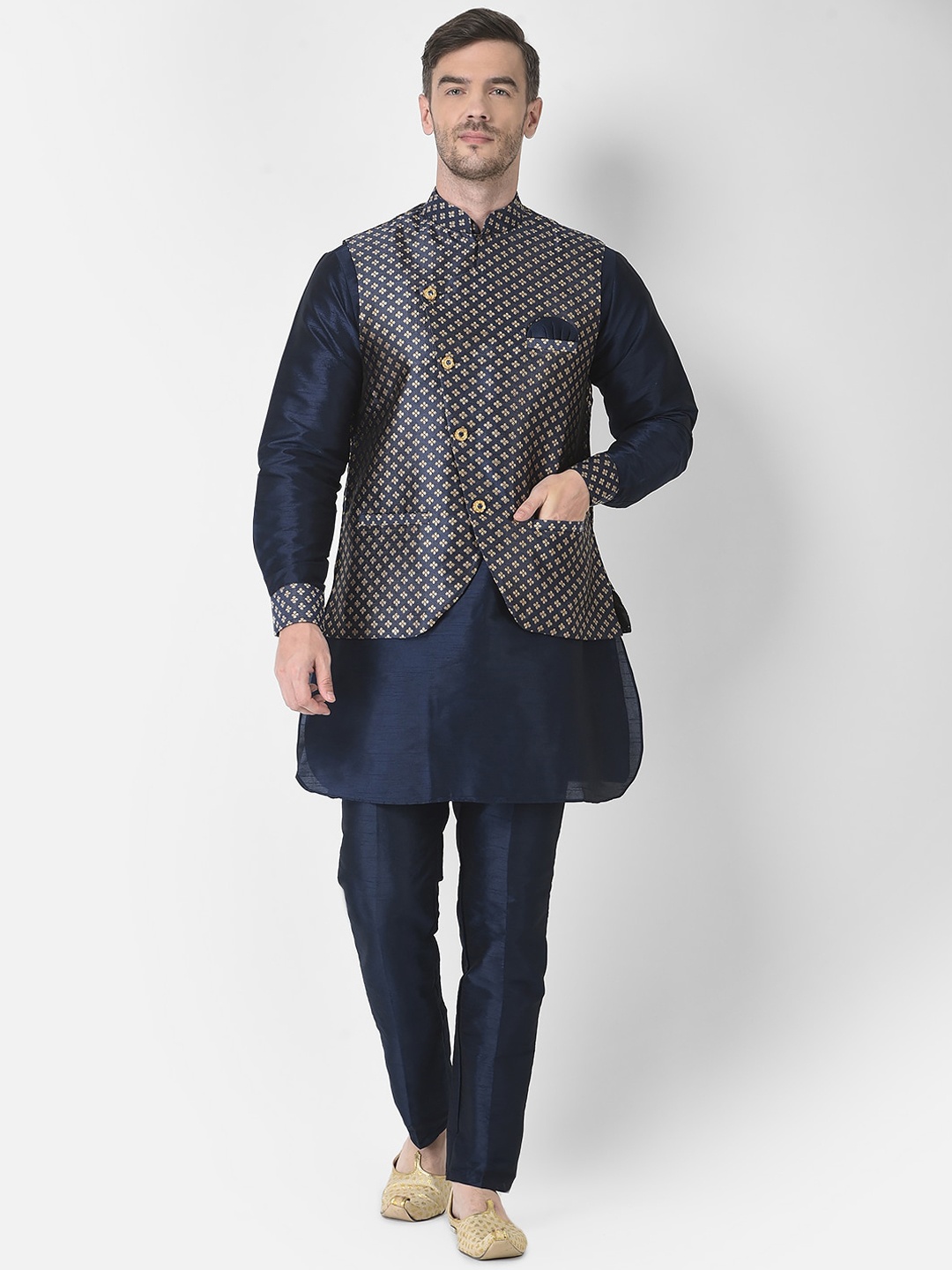 

SG RAJASAHAB Men Navy Blue Angrakha Raw Silk Kurta with Trouser & Jacket