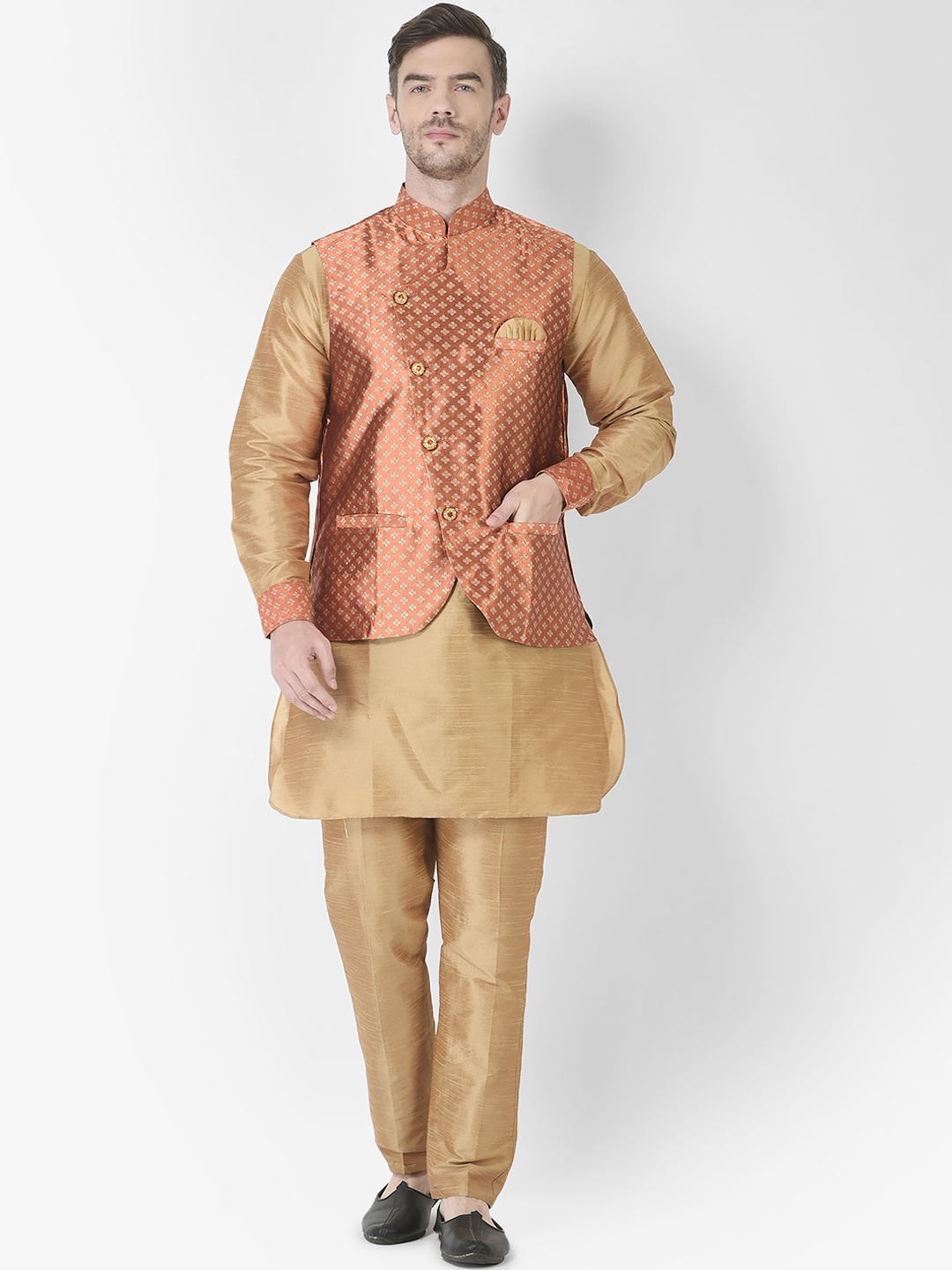 

SG RAJASAHAB Men Orange Angrakha Raw Silk Kurta with Trouser & Nehru jacket