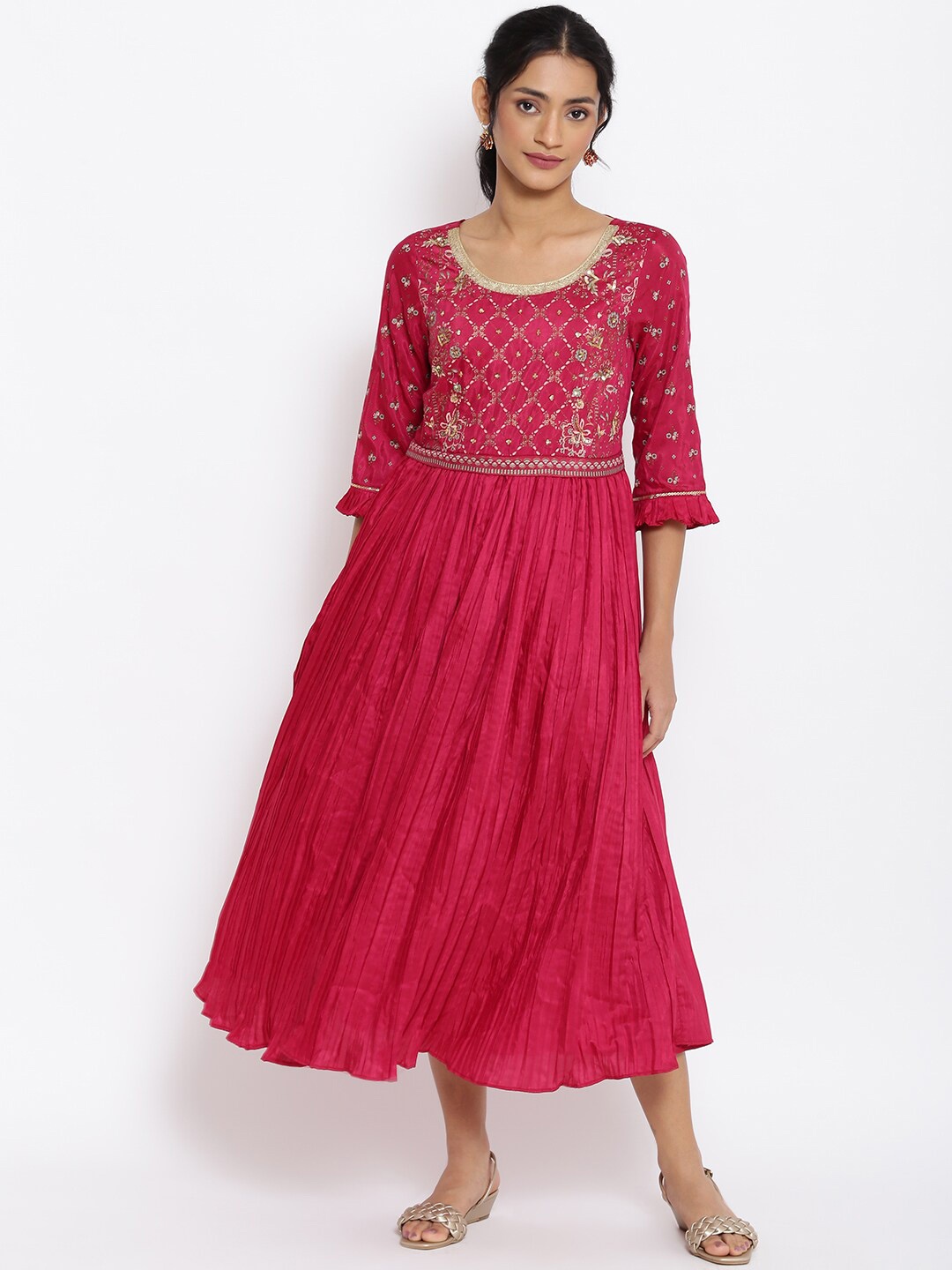 

AURELIA Women Ethnic Motifs A-Line Midi Dress, Pink