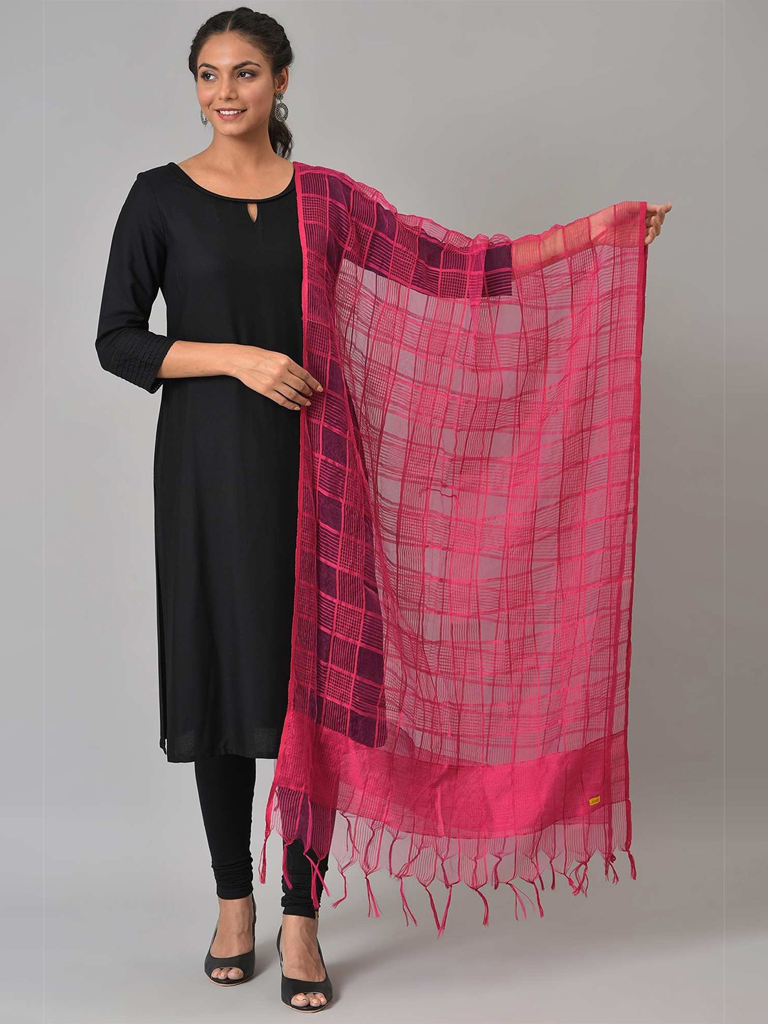 

AURELIA Checked Viscose Rayon Dupatta, Pink