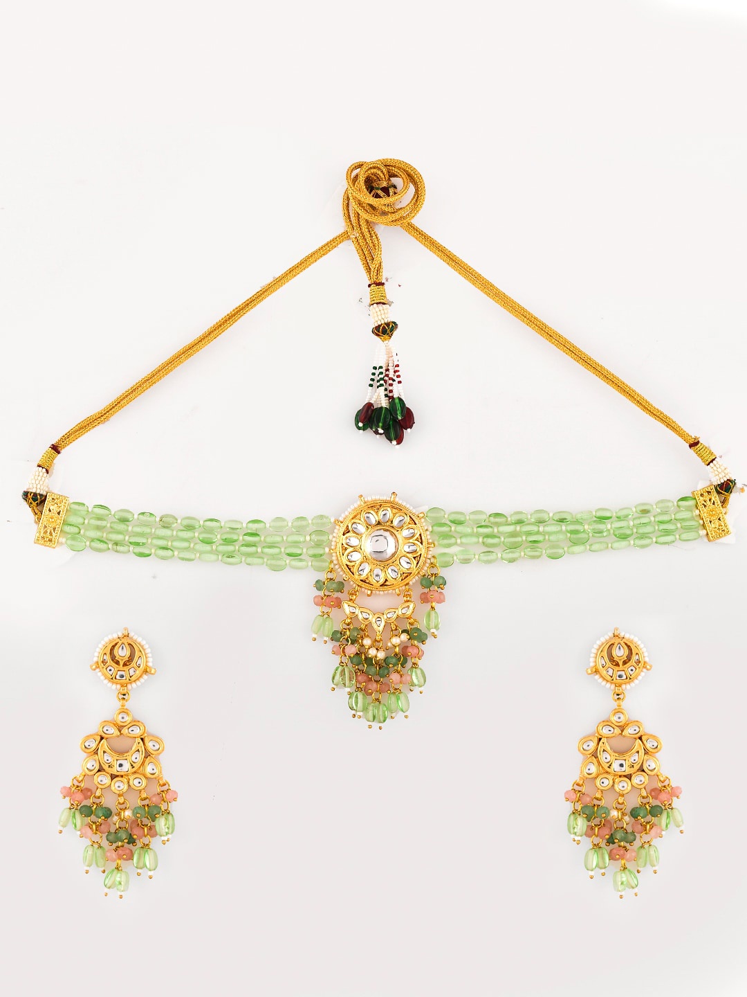 

DASTOOR Gold-Plated & Sea Green Kundan-Studded Jewellery Set