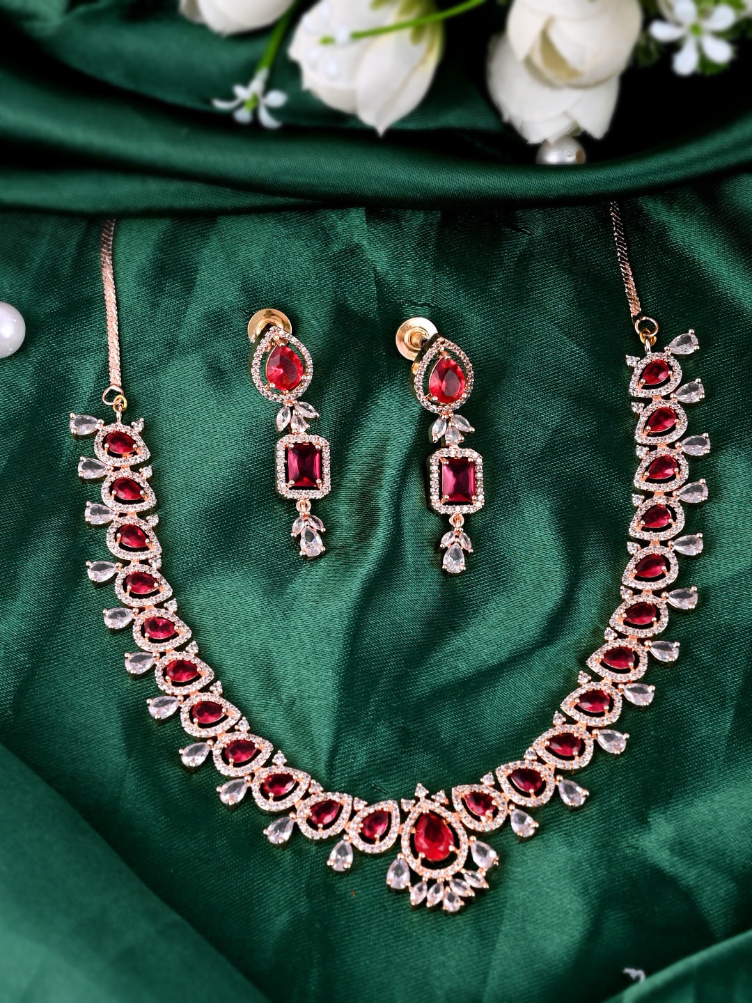 

DASTOOR Rose Gold Plated & Red American Diamond Studded Jewellery Set