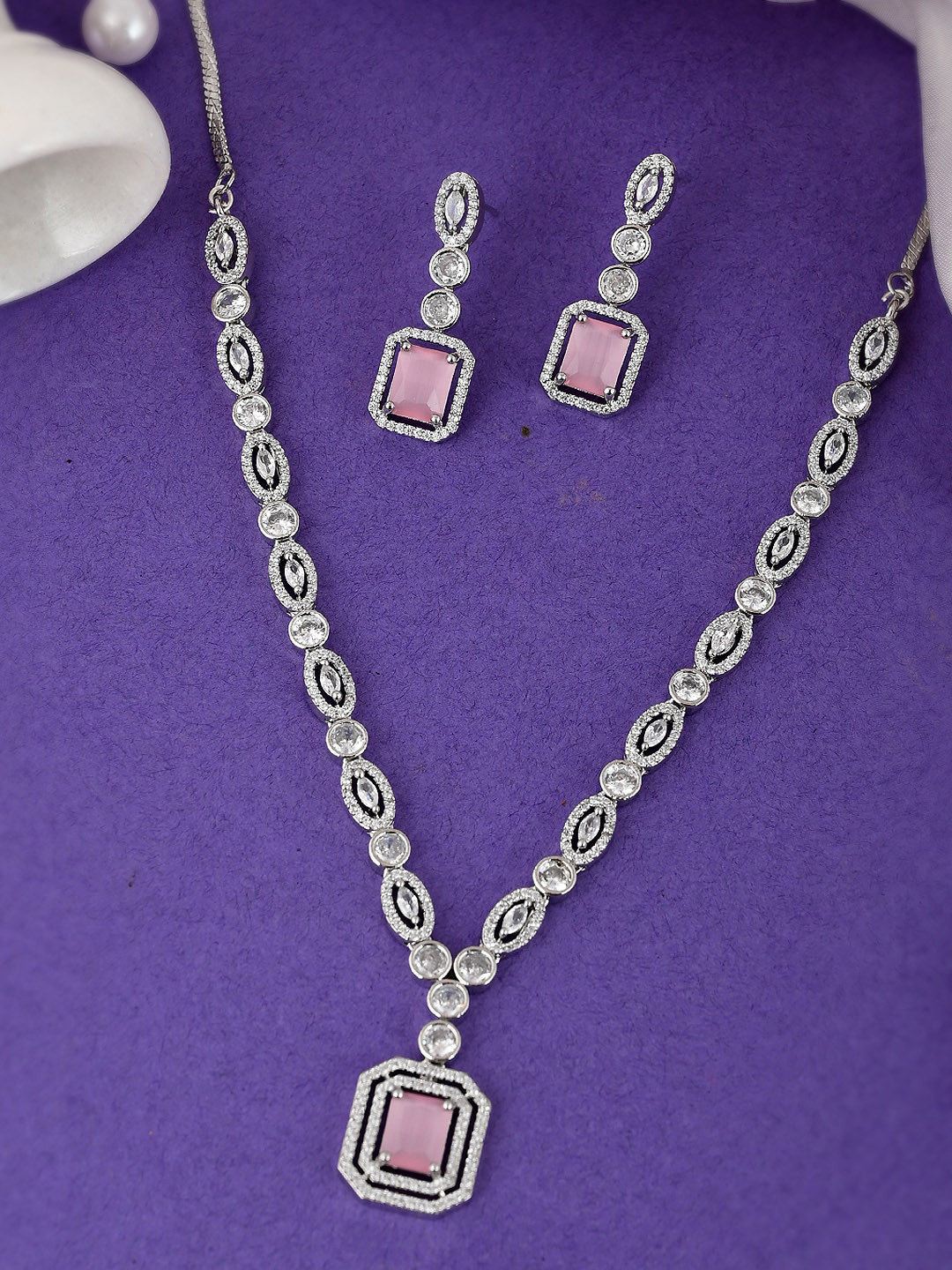 

DASTOOR Silver-Plated Pink AD-Studded Jewellery Set