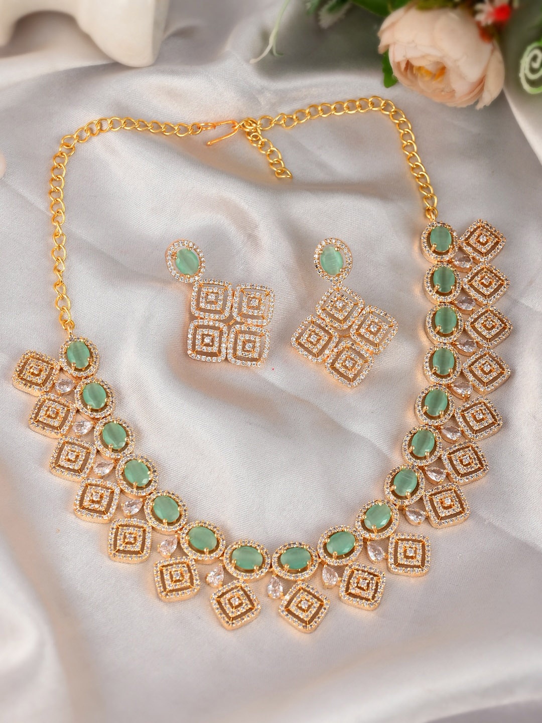 

DASTOOR Gold-Plated Sea Green AD Studded Jewellery Set