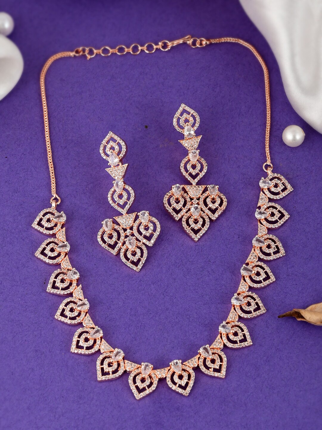 

DASTOOR Rose Gold-Plated White AD-Studded & Beaded Jewellery Set